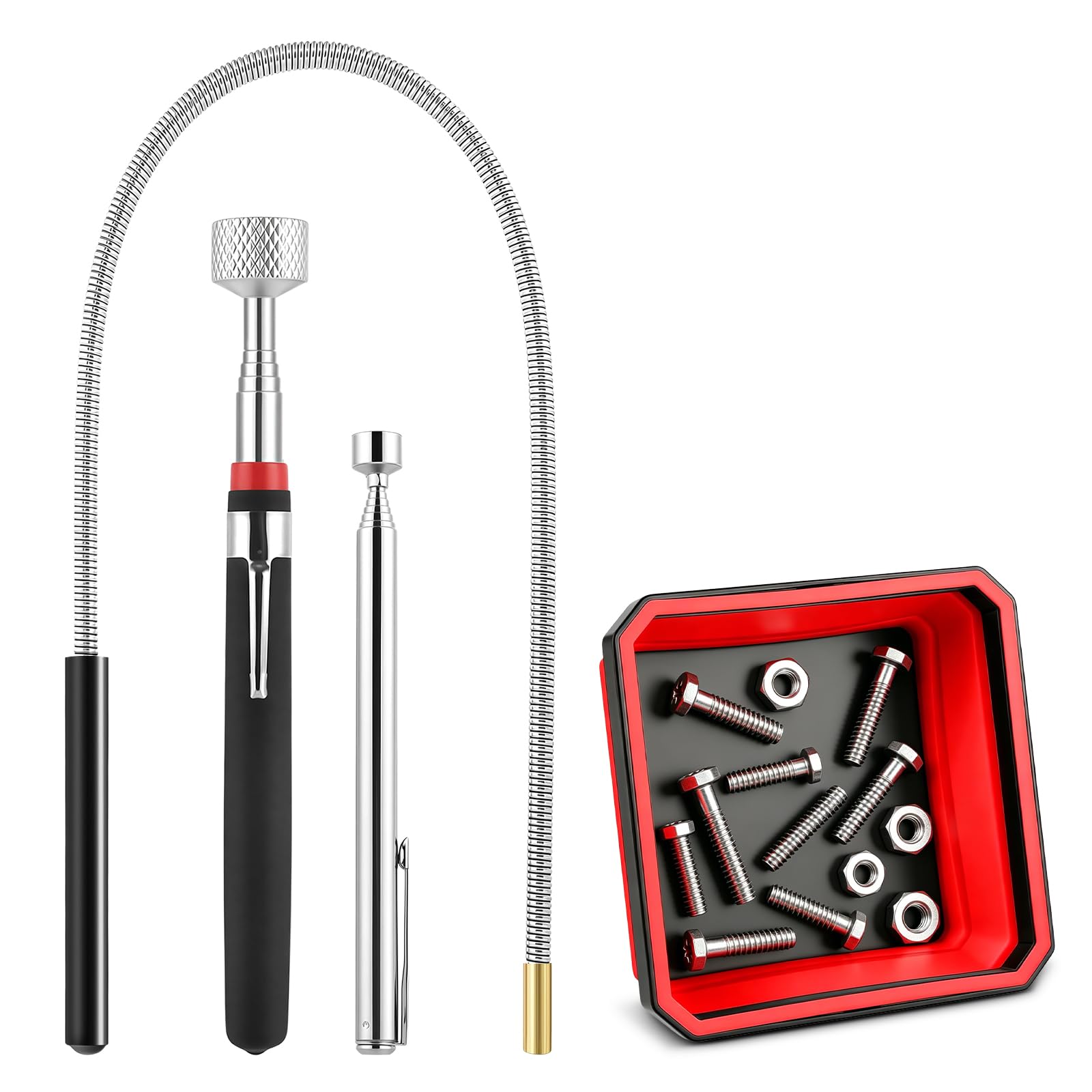 flintronic 4 PCS Telescopic Magnetic Pick up Tool, Metal Extends Tool with Magnetic Parts Tray, Retractable Magnetic Wand for Picking Up Small Parts Metal Objects, Screws, Nuts