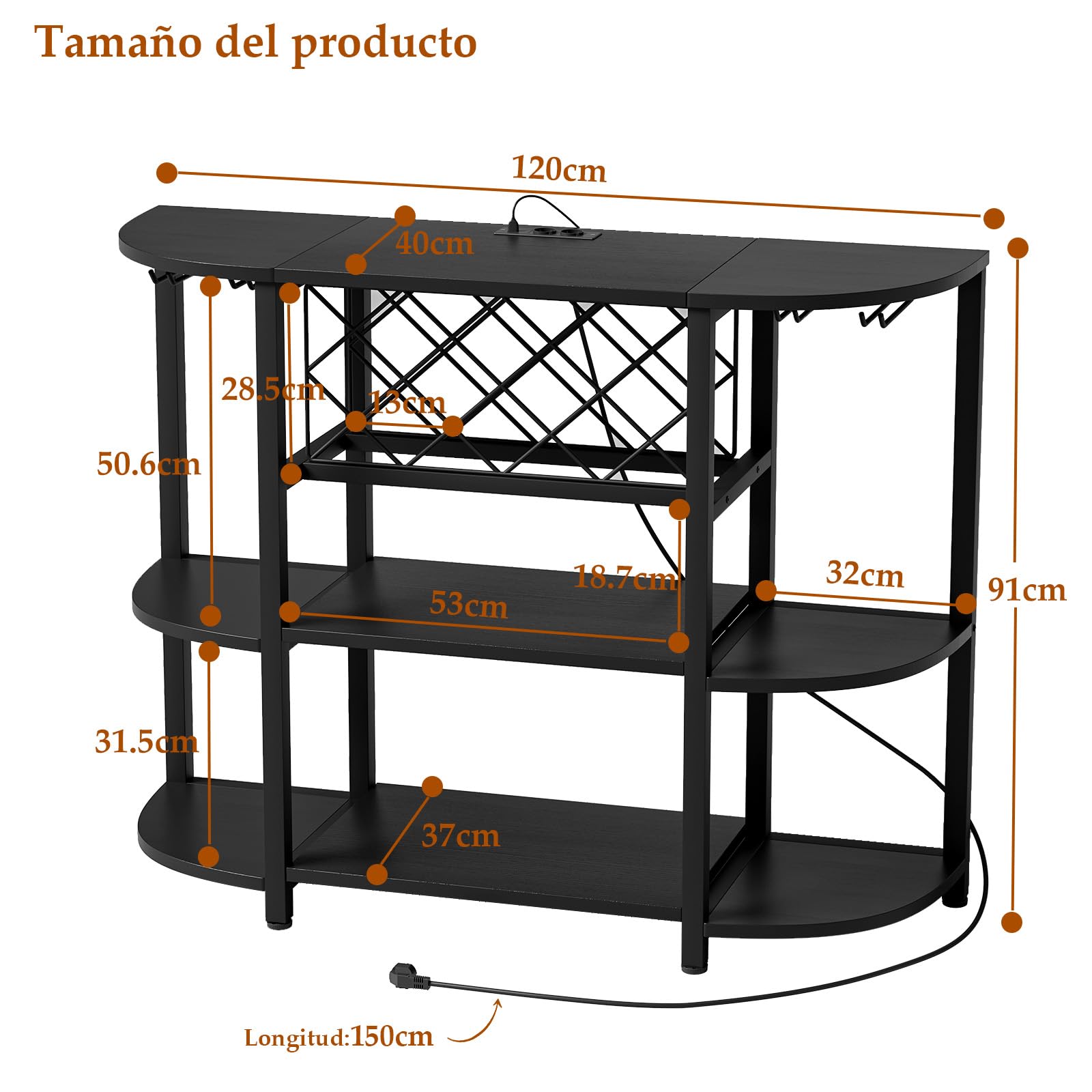 Homieasy Vinoteca Botellero Mueble Bar con LED RGB USB-C Industrial | Madera y Metal, 120 X 40 X 91 Cm, Para Cocina y Salón