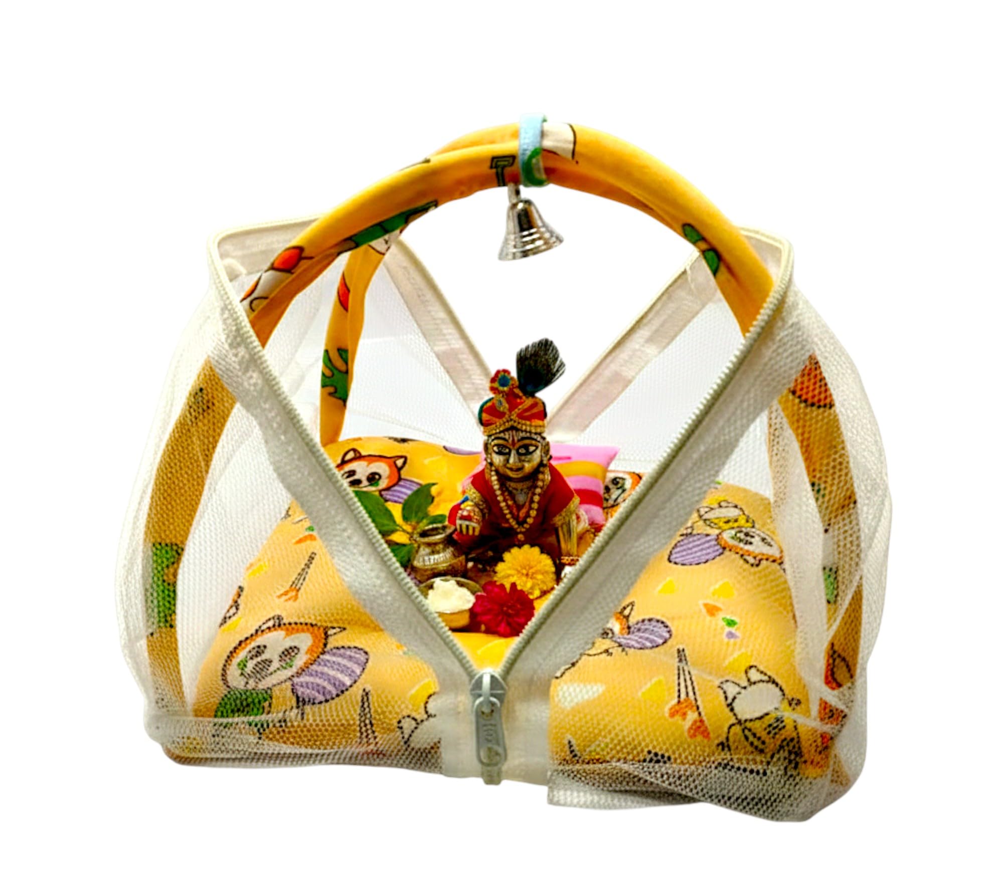 Laddu Gopal Kanah ji Handcrafted Comfortable Bed/Bister/Singhasan with Mosquito Net and Pillows | Machardani for Krishna Ji | Laddu Gopal Bed, Jhula, Singhasan, Thakur ji Bed (Yellow)-image-26