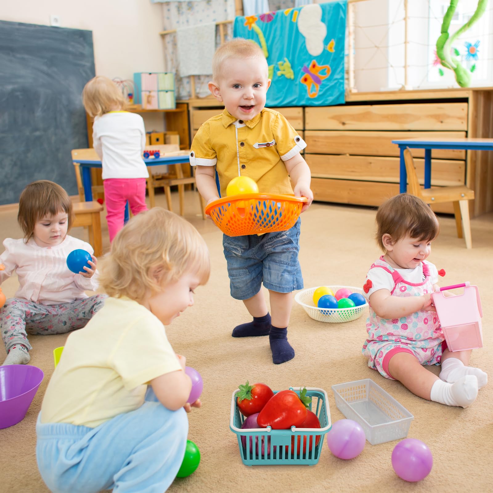 PATIKIL 8 cestini piccoli in plastica, mini cestini per la spesa, con manico, organizer per acqua filtrata per organizzare giocattoli, frutta, verdura, snack, blu, rosa