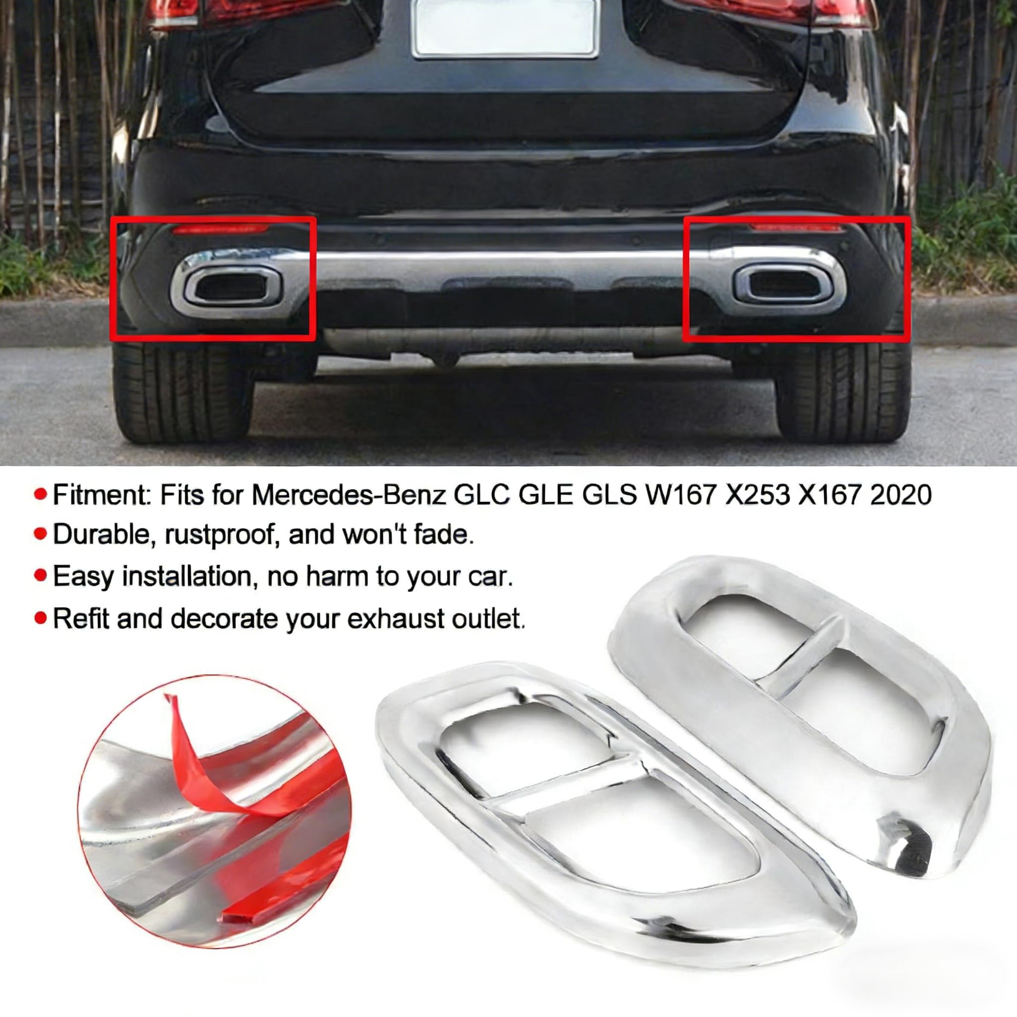 2 pezzi di copertura del tubo di scarico in acciaio, rivestimento del tubo di scarico premium, copertura del cilindro del paraurti posteriore, decorazione della copertura per Mercedes-GLC GLE GLS W167