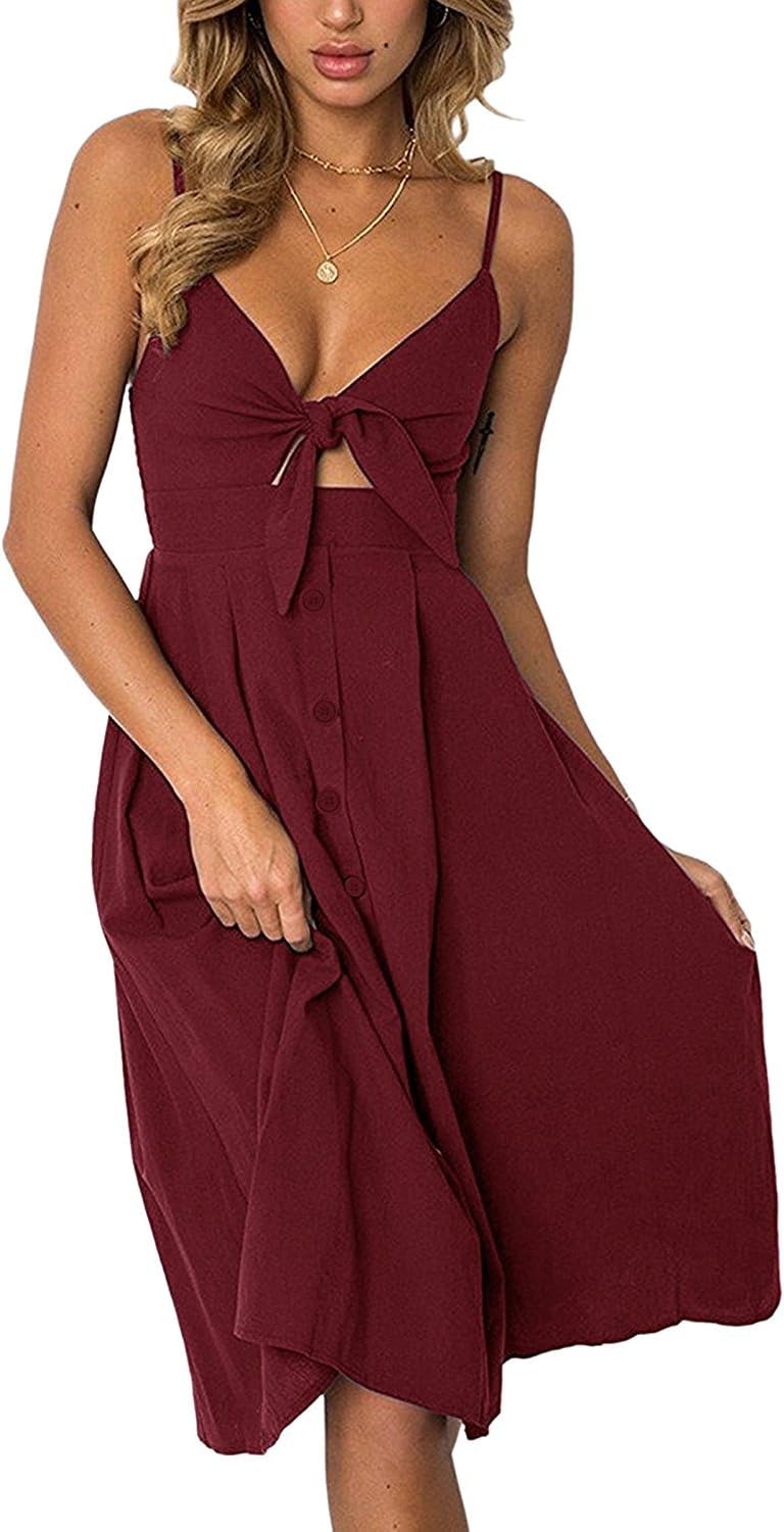Womens Dresses Summer Tie Front V-Neck Spaghetti Strap Button Down A-Line Backless Swing Midi Dress ALNQ1065-wine red-L