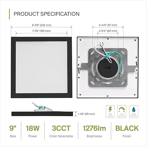 Miniatura 3 de ASD Paquete de 12 luces LED cuadradas de techo empotradas de 9 pulgadas  Luces planas ultrafinas regulables de 18 W 1276 LM, 3000 K-5000 K
