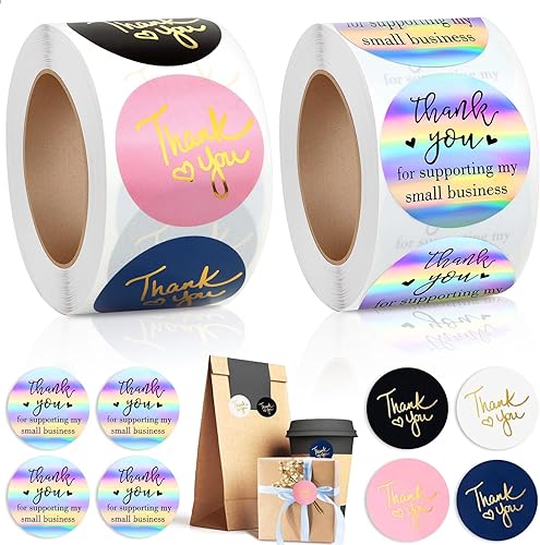 1000 calcomanías de agradecimiento de 1.5 pulgadas, 2 rollos holográficos de agradecimiento por apoyar a mi pequeña empresa, etiquetas de