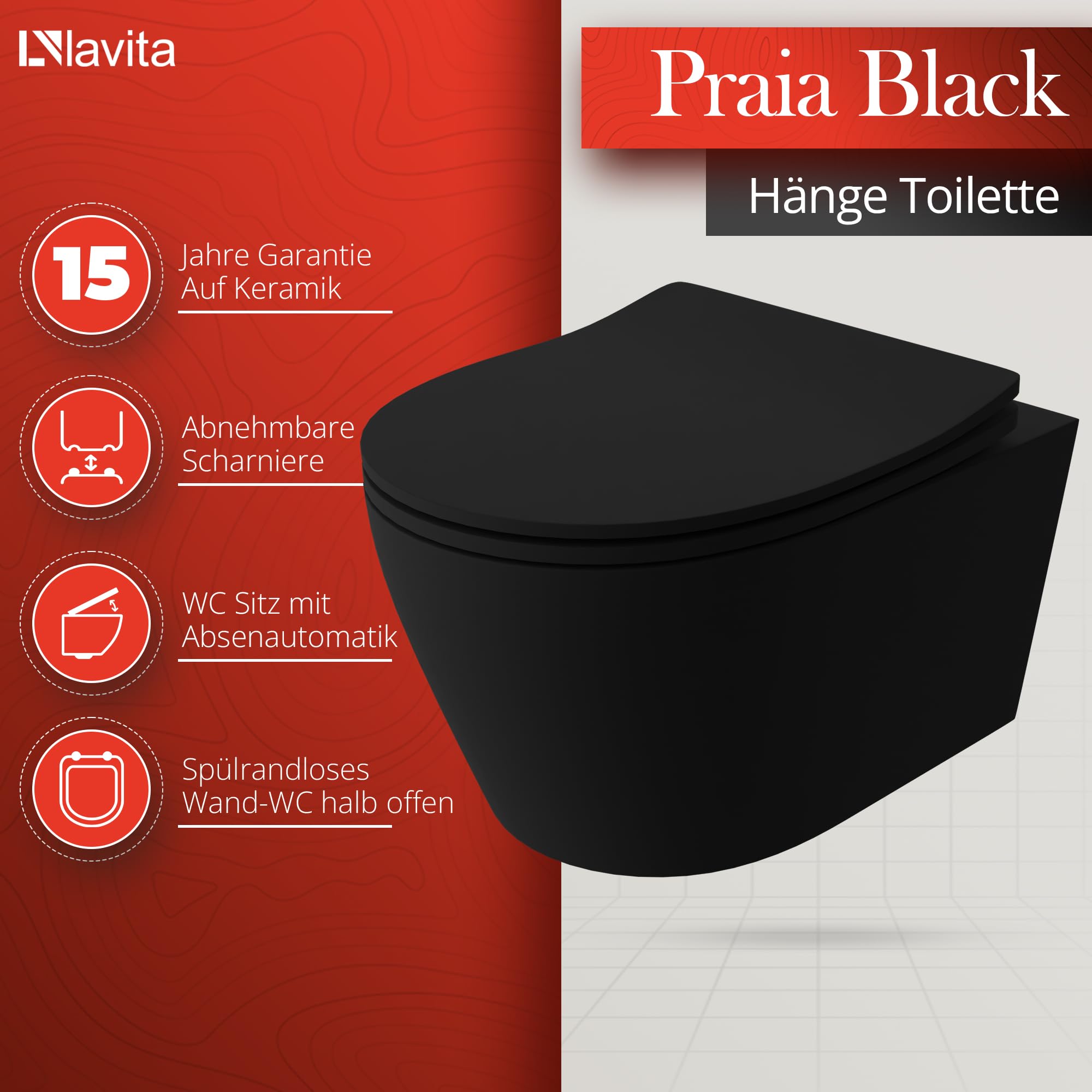 LAVITA Vorwandelement Solido Start + Wand Hänge WC Praia Schwarz Spülrandlos + WC-Sitz SoftClose Verchromter Knopf Komplettset Unterputz Spülkasten Toilette Komplett Sett WC