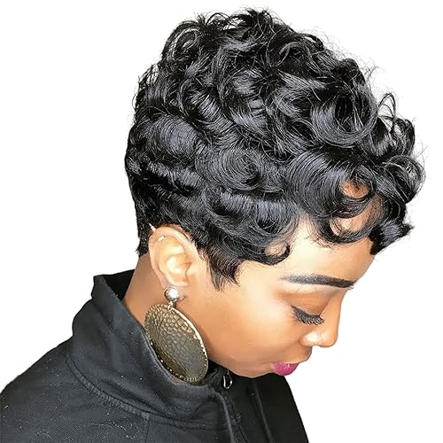 MOONSHOW Short Pixie Wigs for Black Women Short Black Curly
