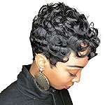 MOONSHOW Short Pixie Wigs for Black Women Short Black Curly Pixie Wig Synthetic Short Hair Wigs for Black Women Natural Wavy Black Pixie Cut Wig (Natural Black)