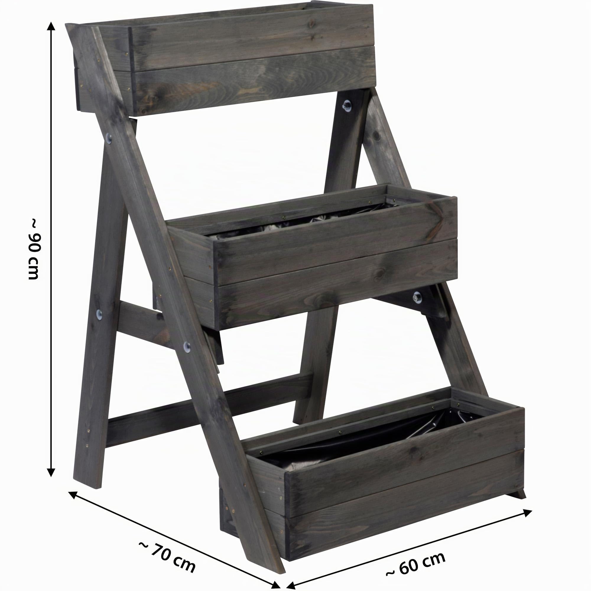dobar® Dreistufige Pflanztreppe Outdoor aus Massiv-Holz für Balkon und Garten - Blumenbeet mit 3 Pflanzkästen wetterfest lasiert für draußen - 60 x 70 x 90 cm - Anthrazit