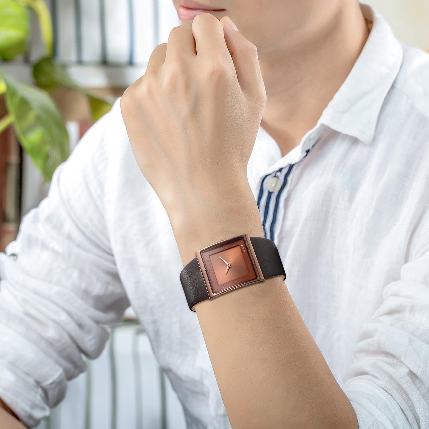JewelryWe Orologio da Polso da Uomo al Quarzo alla Moda, Quadrante Quadrato, Cinturino in Pelle Nero, Orologio al Lavoro, Regalo