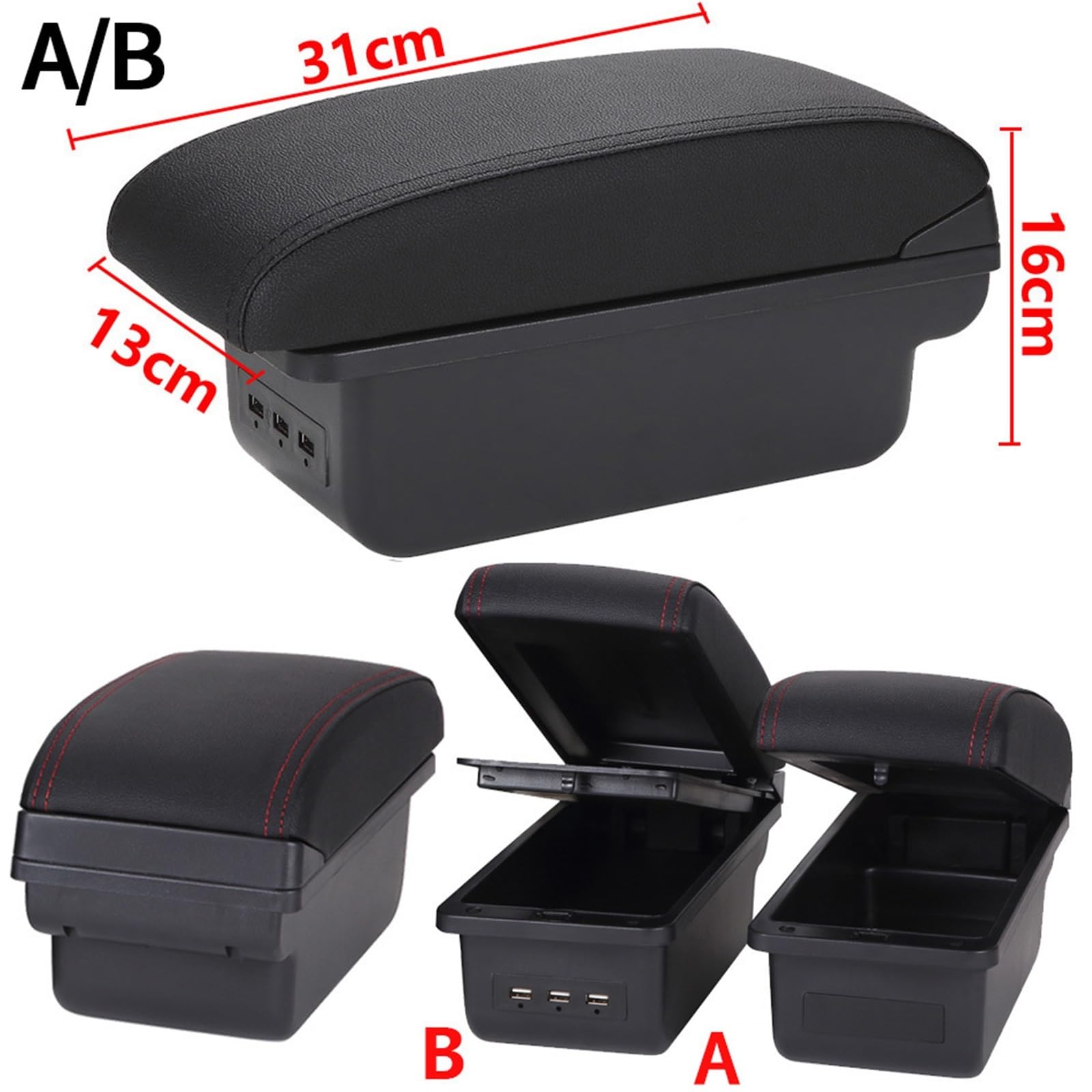 Armsteun Richter Bush Pasuje do SEAT IBIZA Modyfikacja podłokietnika samochodowego Wielofunkcyjny dwuwarstwowy schowek z ładowaniem USB Akcesoria samochodowe(B1 Black red 3 USB)