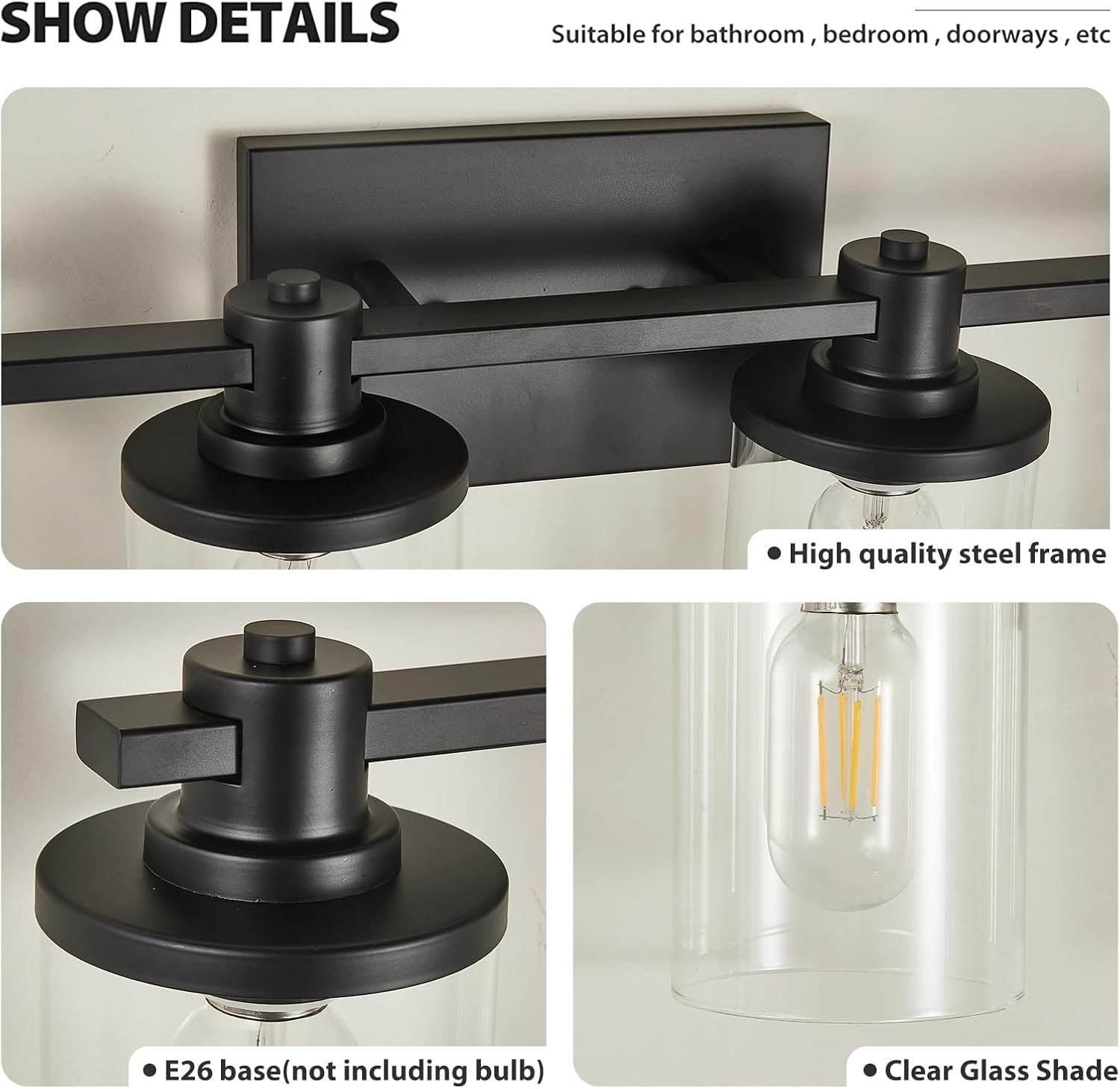 Matte Black 5-Light Bathroom Vanity Fixture with Glass Shades
