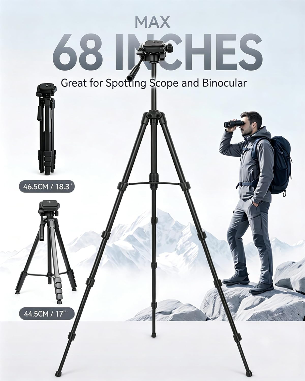 68"Binocular Tripod with Adapter,2 QR Plates,Bubble Level,Flip Lock,Compact
