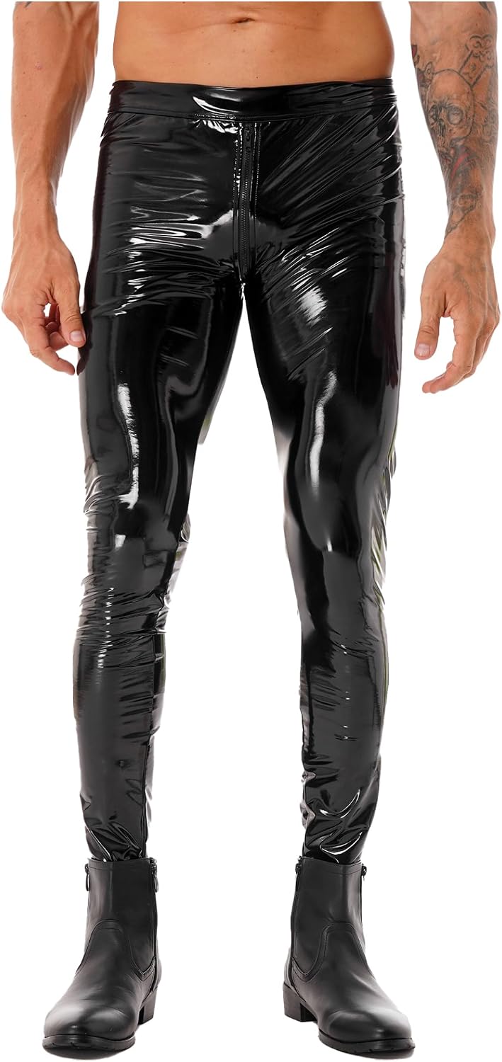 Sywiyi Men's Faux Leather Skinny Pants Zipper Crotch Leggings Tight Gothic Motorcycle Biker Pants