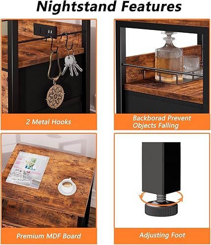 Miniatura 7 de Furologee Mesa auxiliar con estación de carga, mesita de noche con cajones de tela, mesas auxiliares con puertos USB y tomacorrientes, mesita de