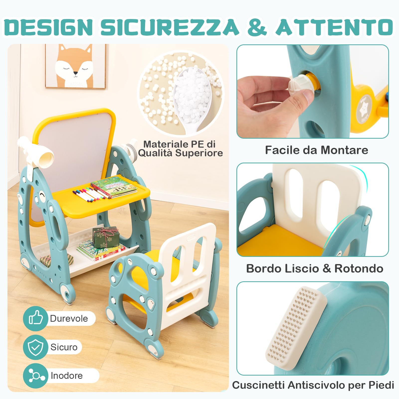 GYMAX Tavolozza Artistica 4 in 1 per Bambini con Sedia, Set Tavolo e Sedia per Disegno per Bambini con Lavagna Magnetica Regolabile, Lavagna Cancellabile e Pennarelli, per Bambini da 1 a 8 Anni