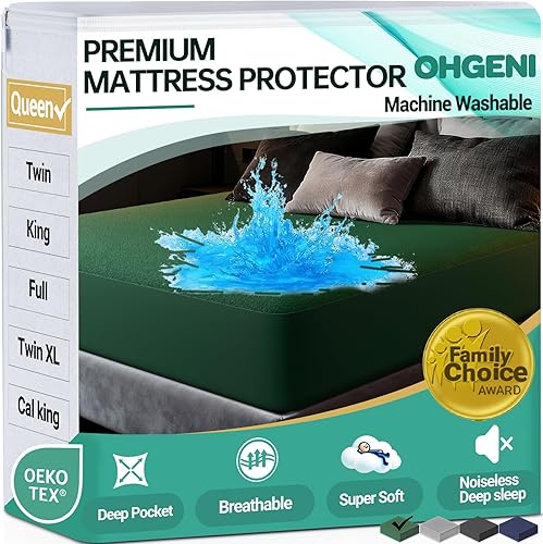 Miniatura 32 de OhGeni Protector de colchón 100% impermeable, tamaño King gris, sábana ajustada con bolsillos profundos, 6"-18", material suave transpirable y sin