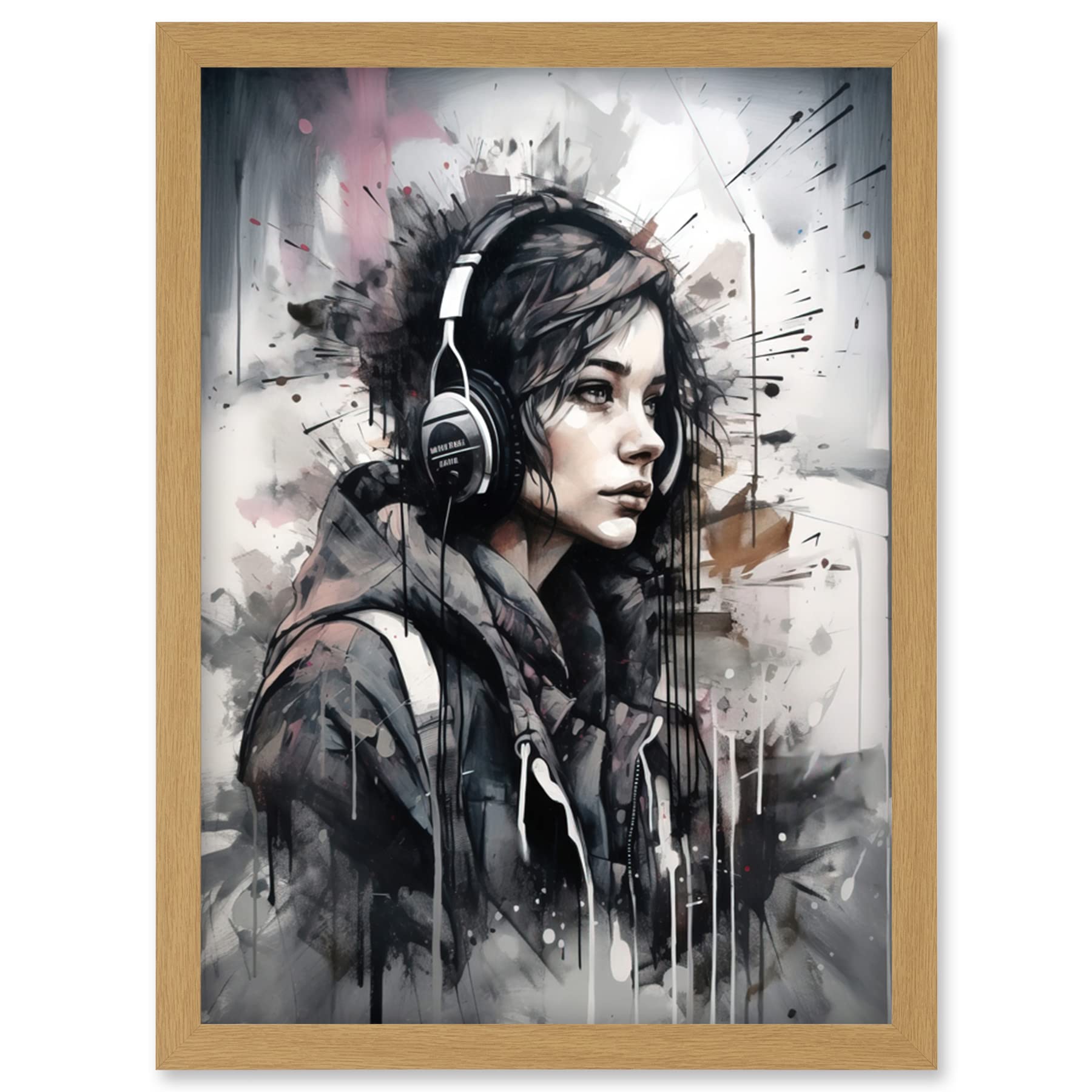 Teenager Girl Black Hoodie Watercolour Painting A4 Framed Wall Art Print - Artery8