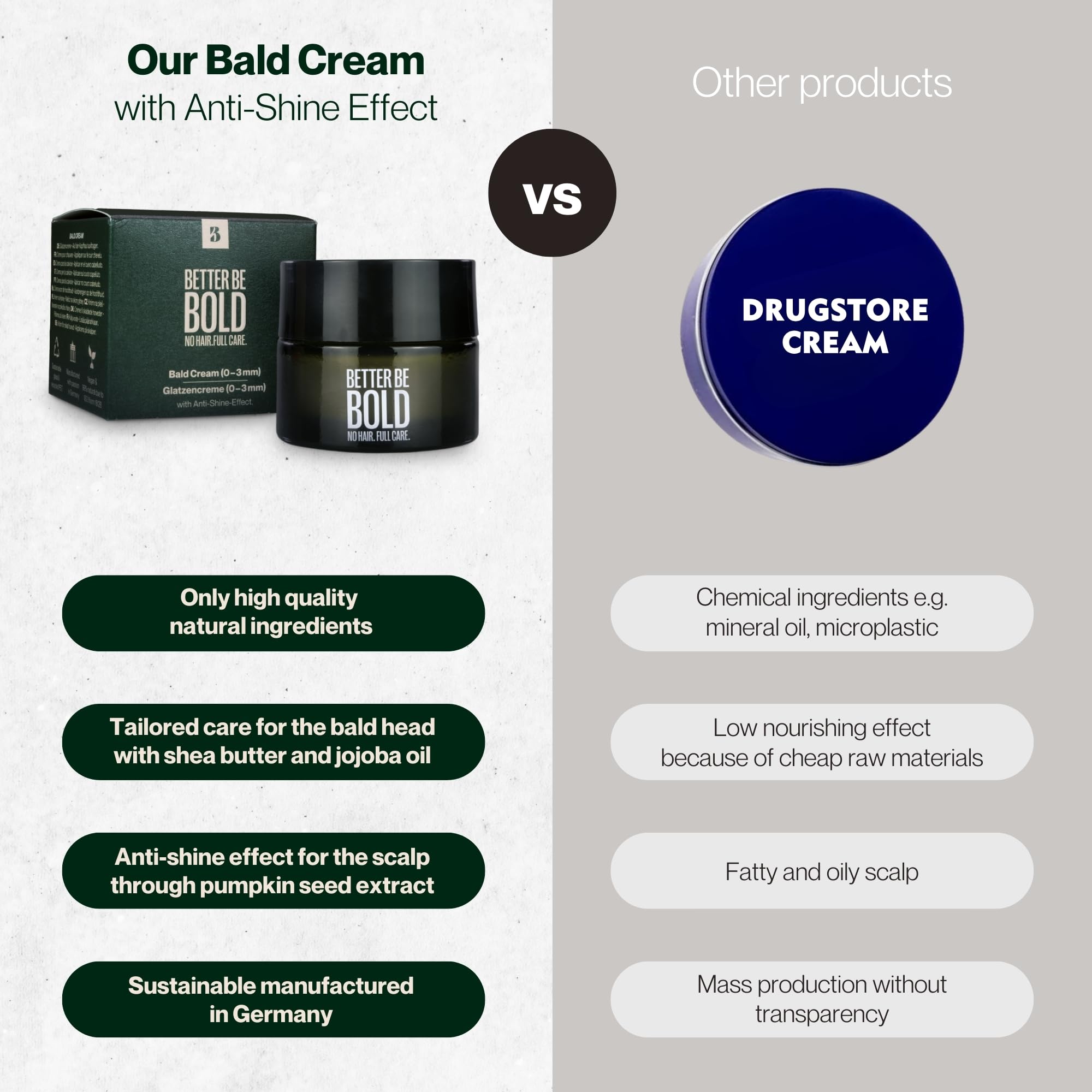 BETTER BE BOLD Crema mate cuero cabelludo rapado 50 ml I Efecto mate natural I Hidratación ligera aloe vera I Reduce brillo I piel sensible I cuidado cabeza calva hombre vegano