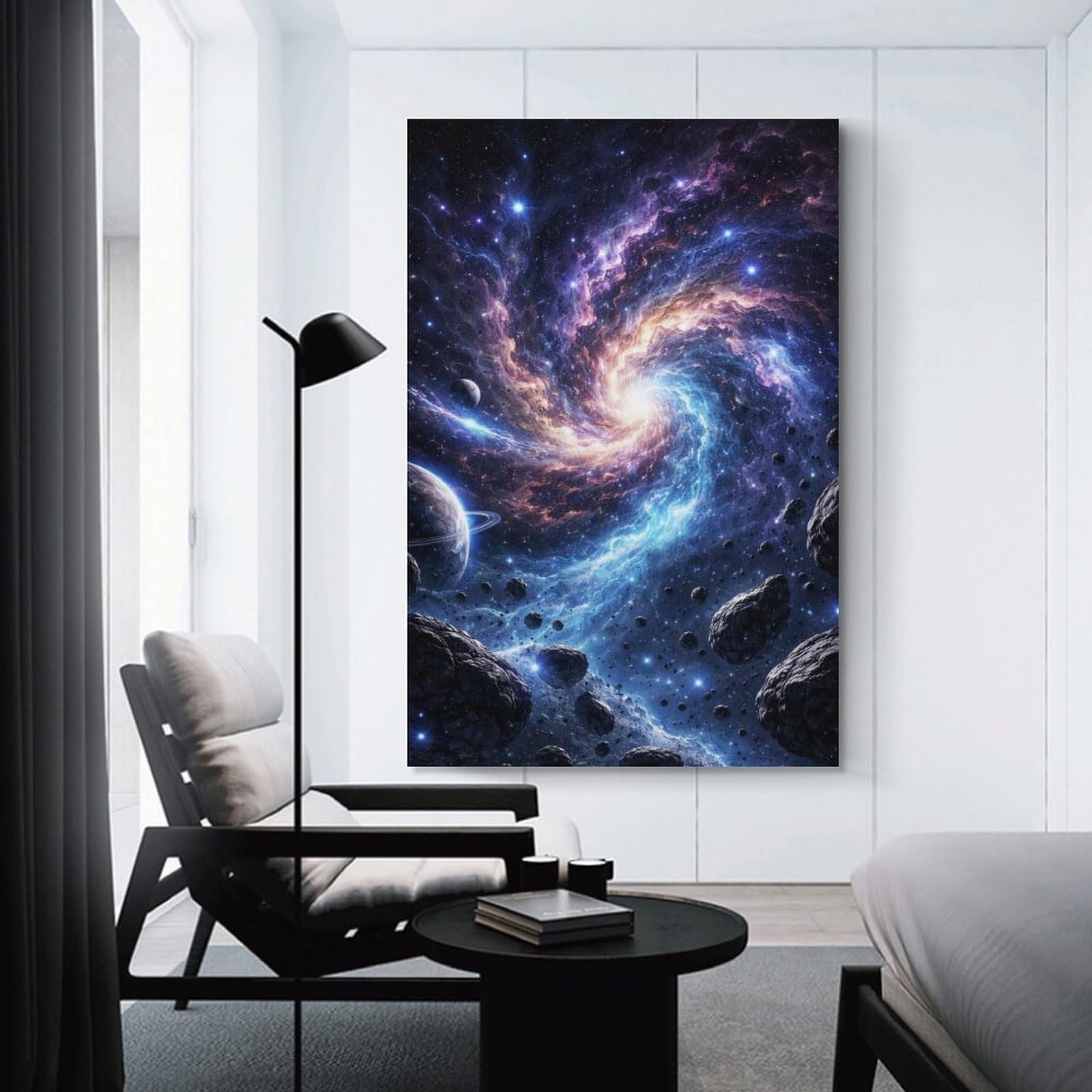 Junmoney Unframe-Style-2 Canvas Wall Picture Cosmic Swirl Nebula With Planets And Asteroids, 24X36inch(60X90cm), For Bedroom, Lounge Or Dressing Area, Stylish Decor For A Restful Room Update