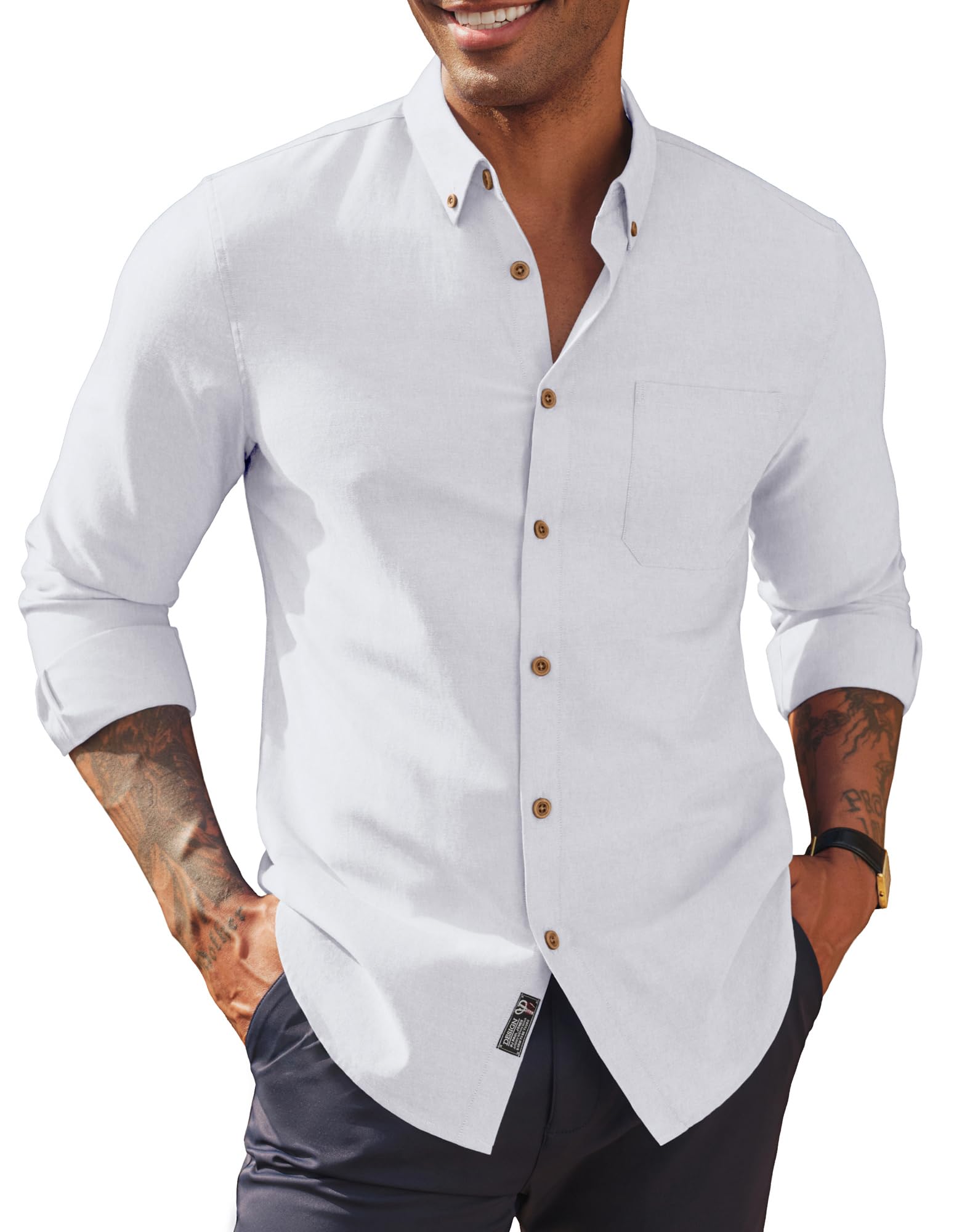 PJ PAUL JONES Camicia da uomo a maniche lunghe, Oxford, con bottoni, non necessita di stiratura, casual, con tasca, abbigliamento estivo, camicia da lavoro