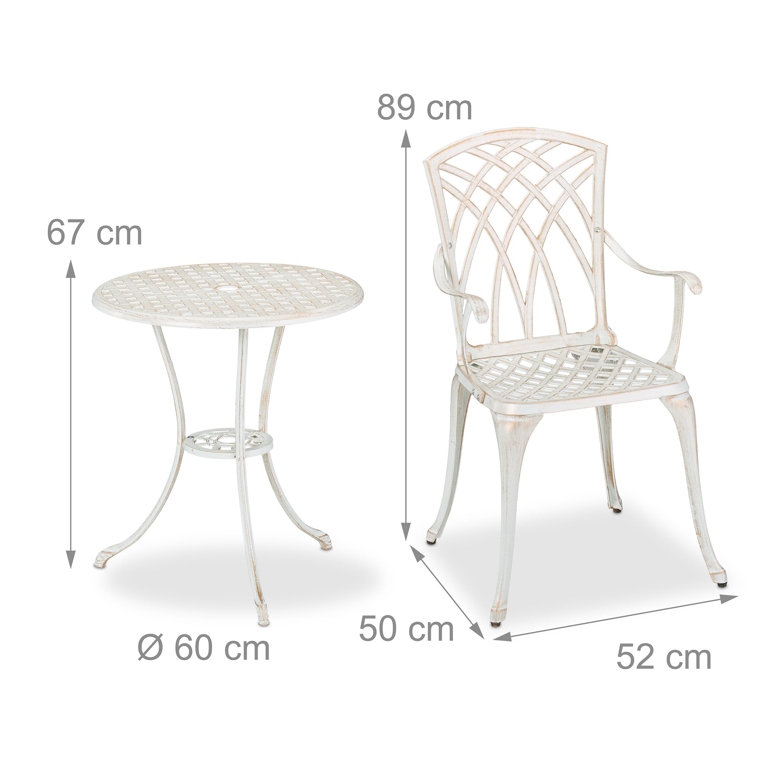Relaxdays Salon de Jardin pour 2 Personnes, Table avec 2 chaises, Fonte d'aluminium, Design Antique, Blanc et Bronze