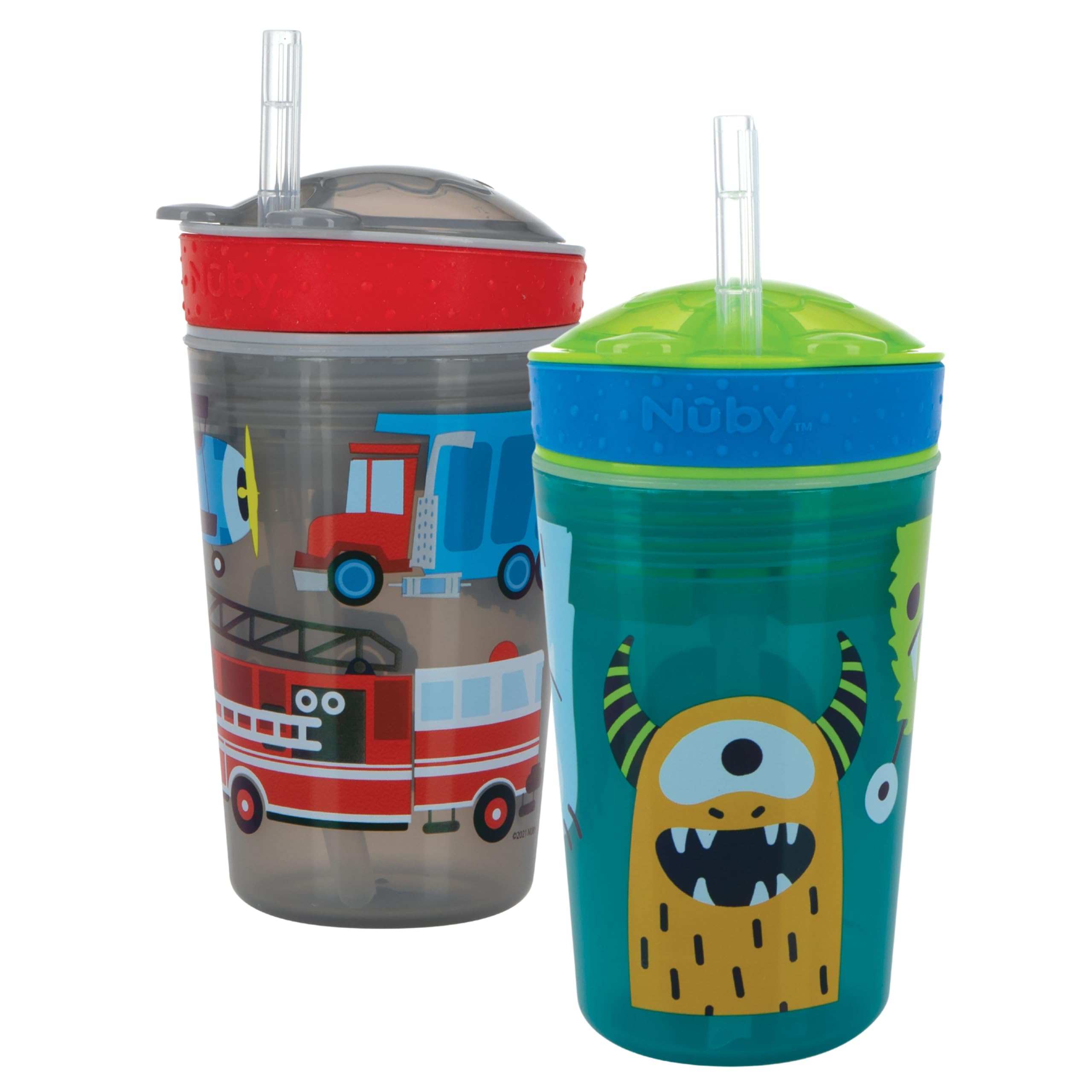 Nuby All in One Snack Bowl and No Spill Soft Straw Cup - 2 Pack Aqua Monsters & Grey Cars - Snack N' Sip, Holds: 4.5 oz Container with Lid and 9 oz/
