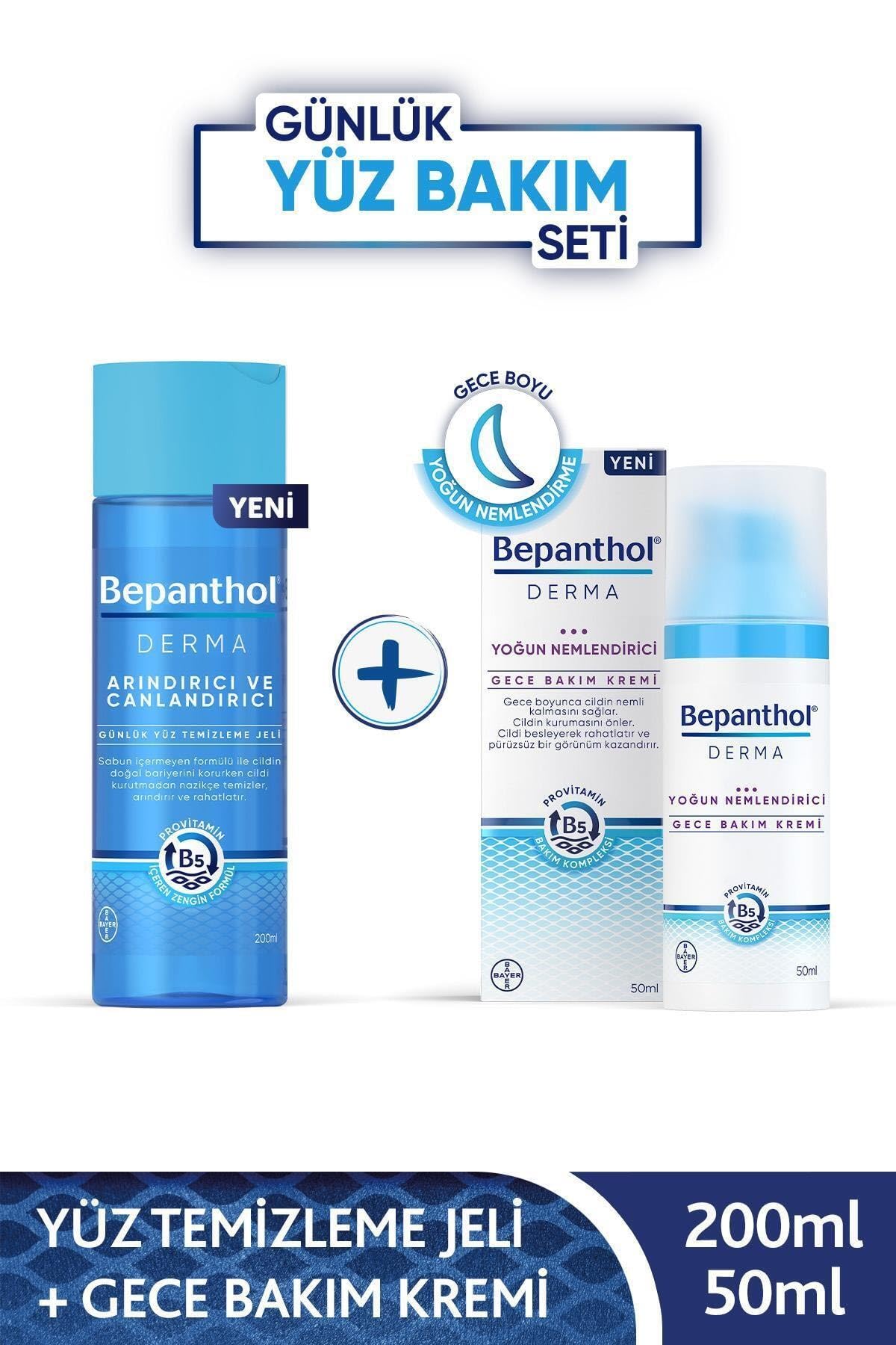 Bepanthol Derma Yoğun Nemlendirici Gece Bakım Kremi 50ML + Derma Arındırıcı & Canlandırıcı Günlük Yüz Temizleme Jeli 200ML