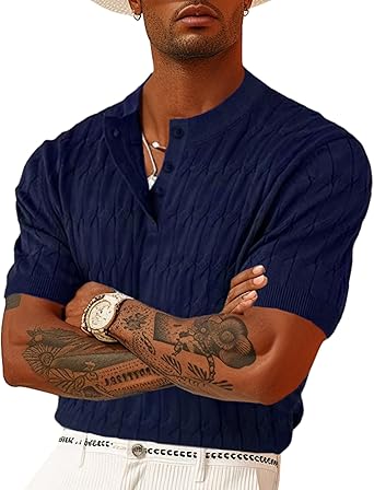 Mens Knit Polo Shirts Short Sleeve Texture Henley Shirts Knitted T-Shirts Casual Lightweight Golf Shirts