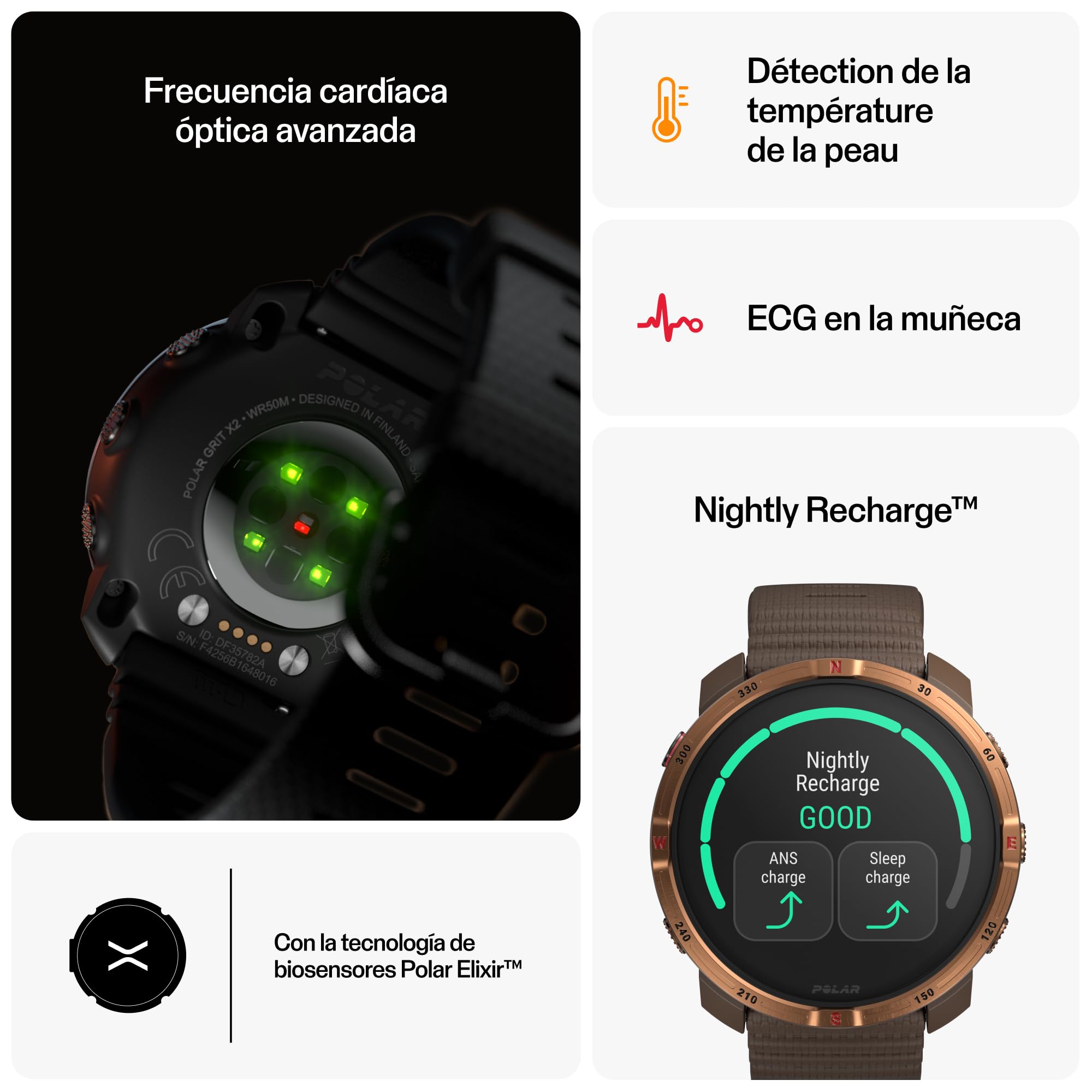 Polar Grit X2 Reloj Multideporte GPS AMOLED Mapas Offline GPS Dual ECG Muñeca Biosensores Elixir SpO2 Batería 7 Días Copper Brown