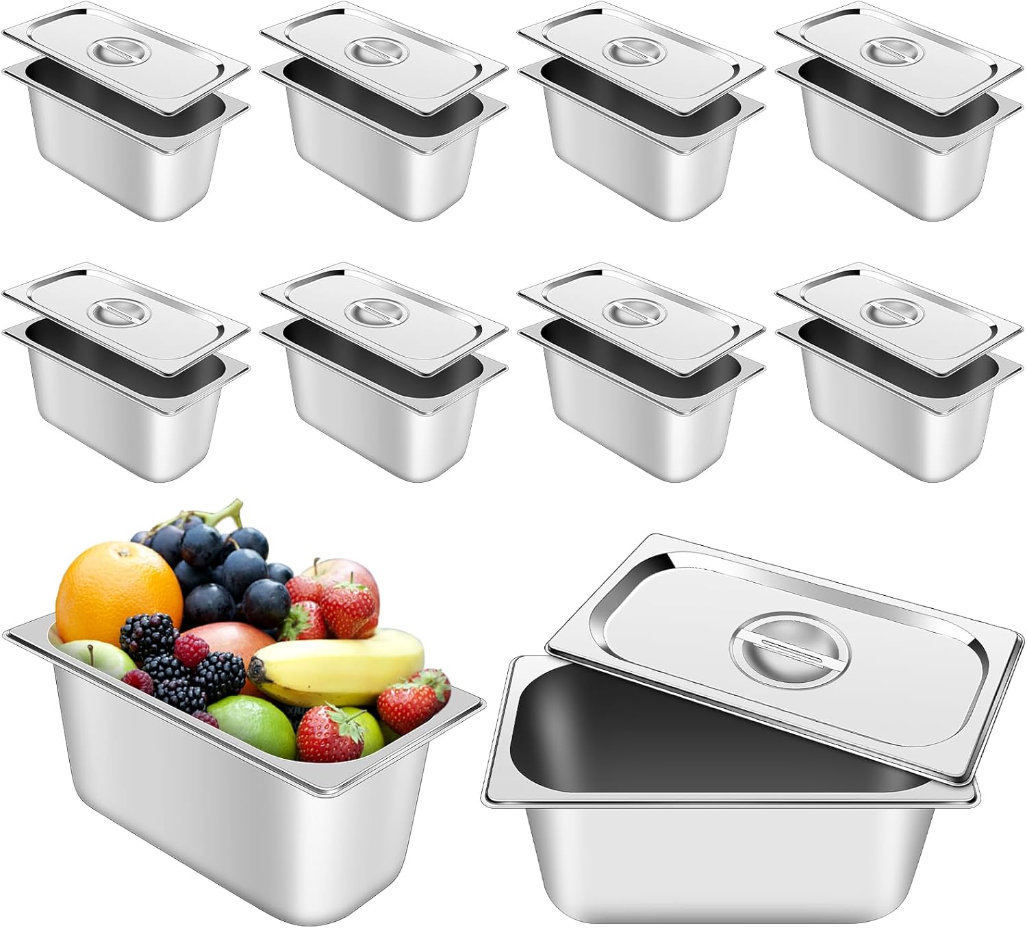 10 Set Stainless Steel Hotel Pans with Lids 1/3 Size 6 Inch Deep Food Pans Anti-Jam Warming Steam Table Pan Lid Catering Food Storage Metal Pan Steam Cover for Fruits Vegetables Restaurant Hotel