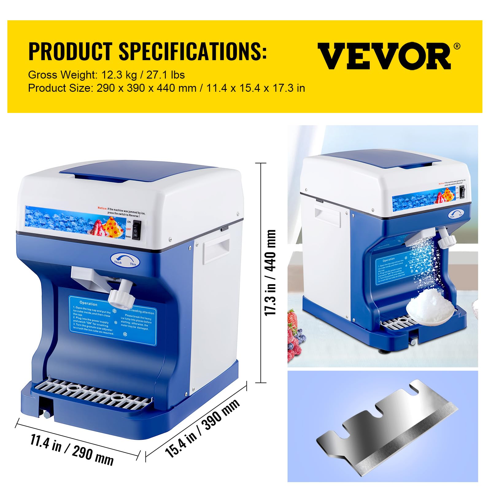 VEVOR Macchina per Ghiaccio 120kg/H da Tavolo per Granita Frappè Sorbetto Commerciale, Macchina Ghiaccio a Scaglie Bevande Dolci Fresche 250W per Bar Gelateria Ristorante Panificio