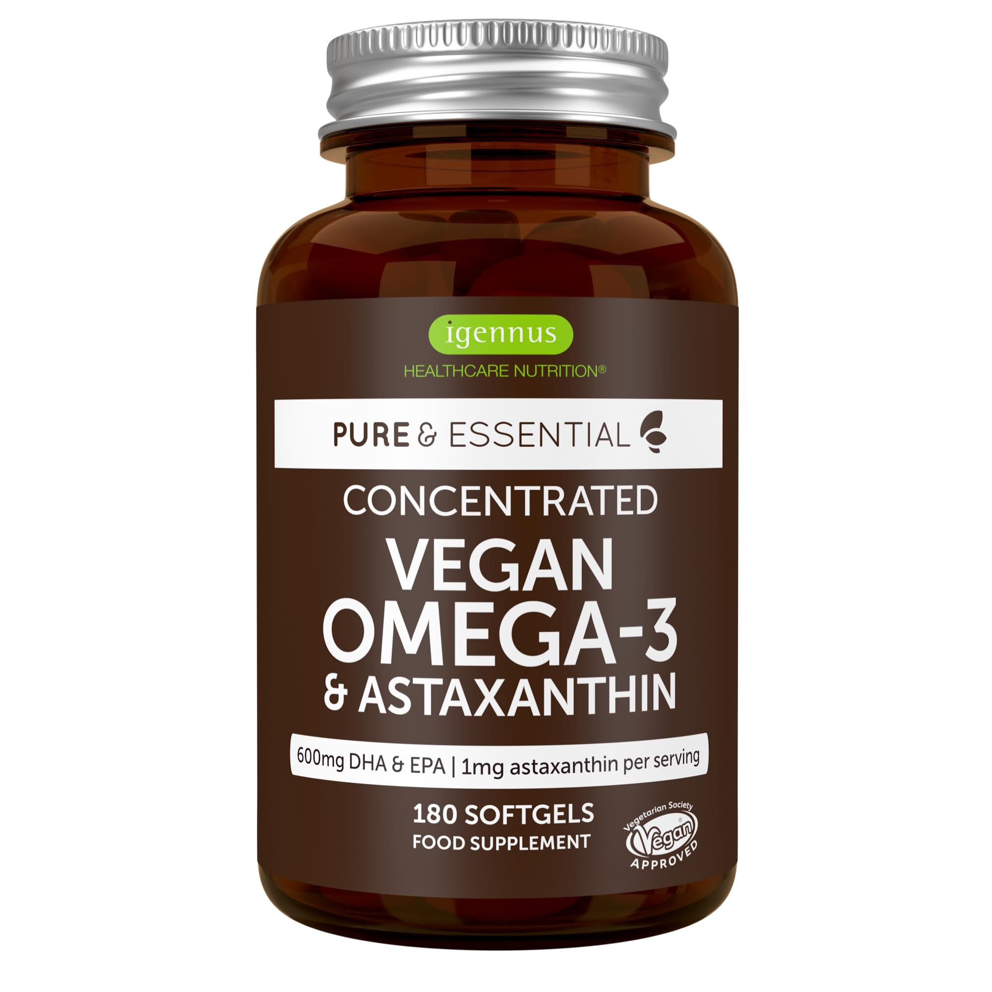 Igennus Vegan DHA & EPA Omega 3 90 Servings,1344mg Algae Oil & Astaxanthin Antioxidant, Pure & Sustainable, 400mg DHA & 200mg EPA, Easy-to-Swallow, 180 Small Softgels