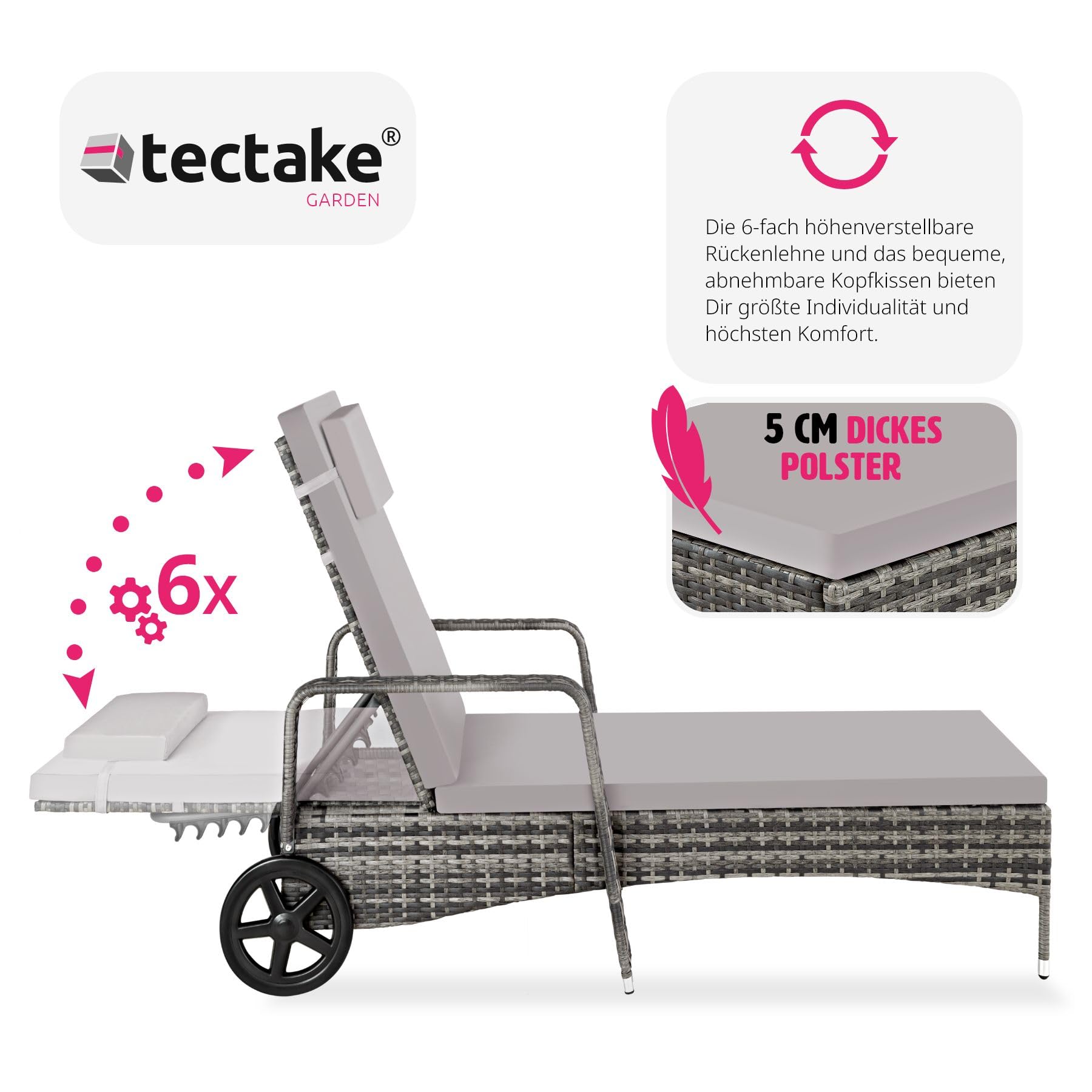 tectake® Aluminium Rattan Sonnenliege mit Armlehne und Rollen, Outdoor Polyrattan Gartenliege mit 6-Fach höhenverstellbarer Rückenlehne (bis 150 kg), Balkon Möbel oder Garten Möbel - grau