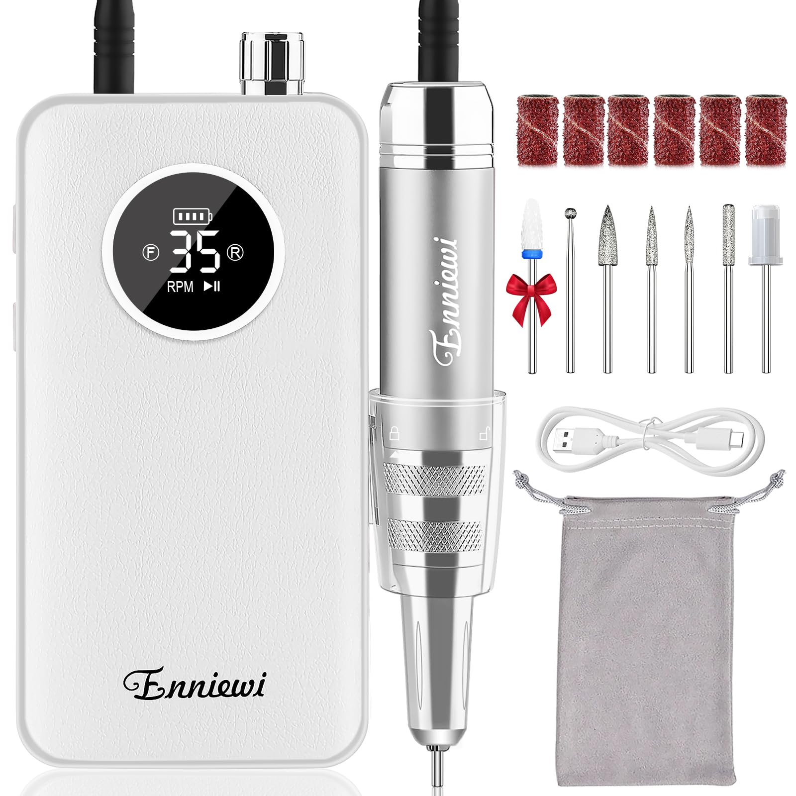 Ponceuse pour Ongles Électrique Professionnelle 35000 Tours - Portable Rechargeable pour Acrylique/Gel, Machine Manucure/Pédicure Puissante et Silencieuse - Pour Salon/Maison (Blanc Pur)