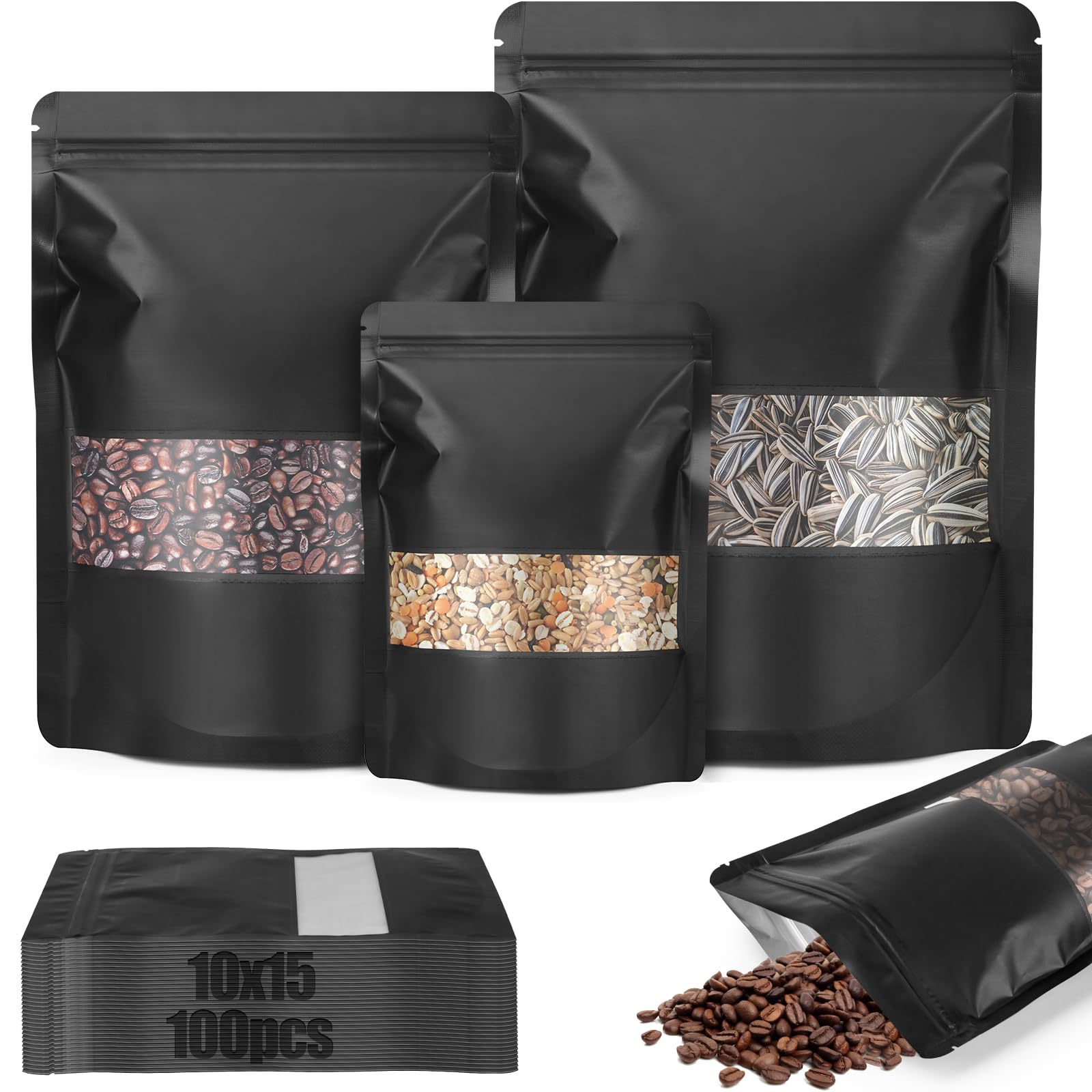 TXXATX 100 Pcs Mylar Bags Stand Up 10x15 cm Aluminum Foil Bags Resealable Smell Proof Bag with Window Black Heat Seal Ziplock Pouches Packaging Baggies for Nut Coffee Beans Tea Candy Cookie Jewellery