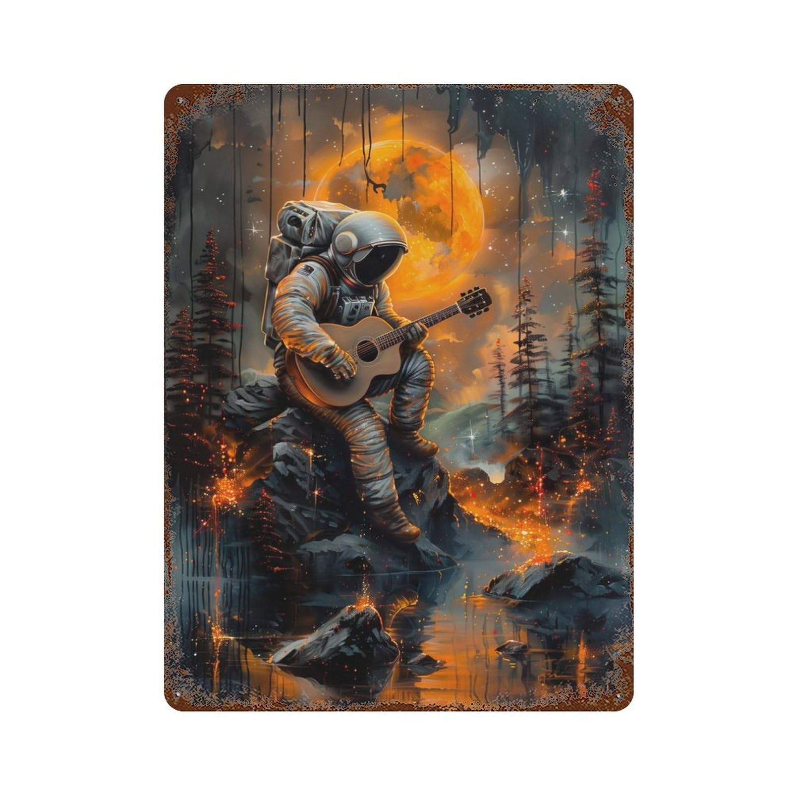 Garage Style Golden Astronaut Music Rustic Tin Plaque 15.7"x11.8", Classic Wall Plaque for Bar And Workshop