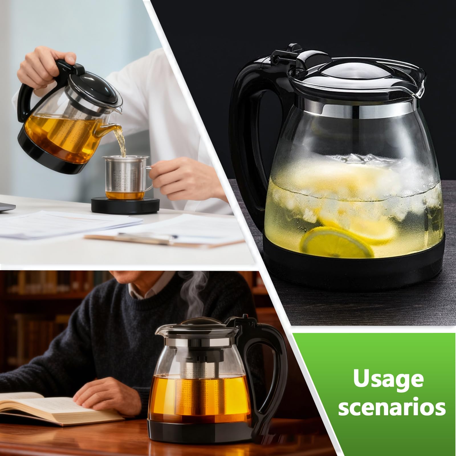 Teiera in vetro da 2 litri, resistente al calore, con filtro in acciaio inox e spazzola per la pulizia, per tè sfuso, tè verde, tisane