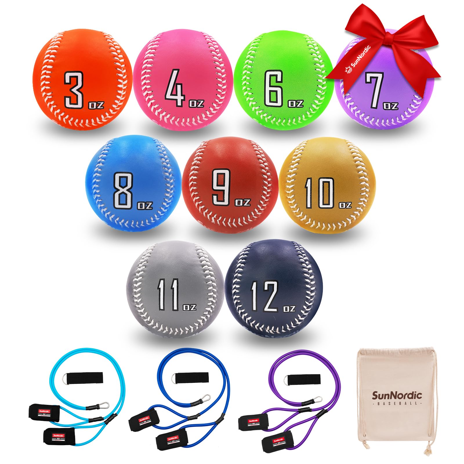 Photo 1 of SunNordic Weighted Baseballs Set of 9, Premium Leather Baseball with 25/35/50 Lb Resistance Arm Care Bands for Pitching, Batting Practice, Baseball Weighted Balls for All Skill Levels Colour baseball All Skill Level(Colour)