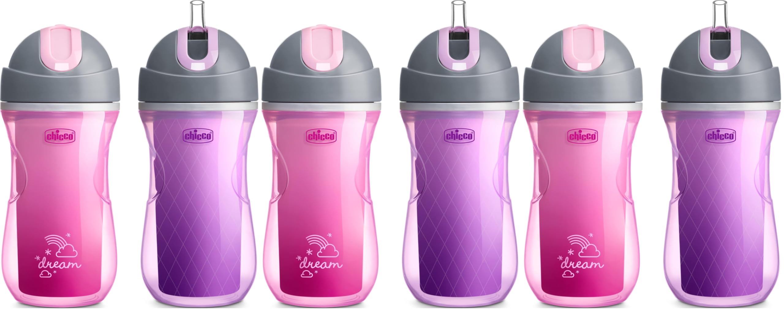 Chicco Insulated Straw Sippy Cup 12+ Months, 9oz Toddler Training Cup with Spill-Free Flip-Top Lid, BPA-Free, Dream Pink/Purple, 2 Count (Pack of 3)