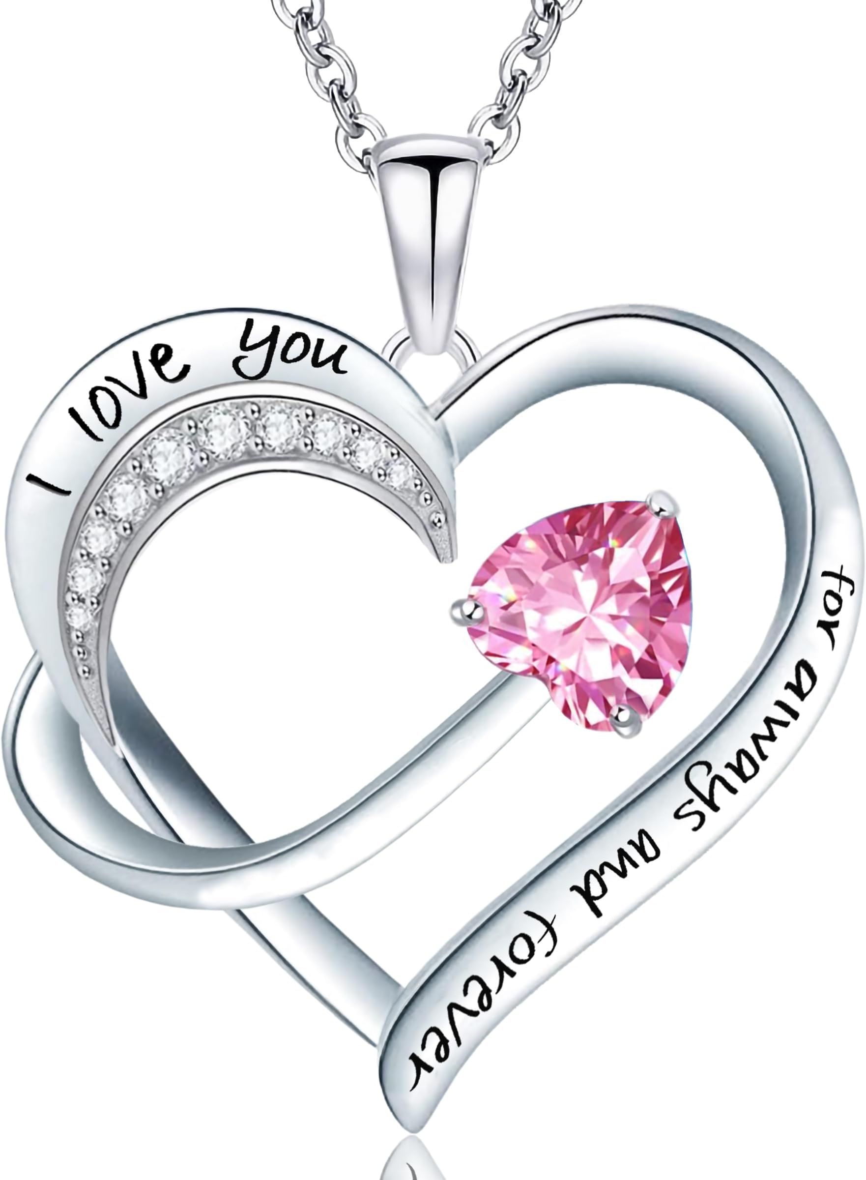 Love Heart Pendant Necklace for Women 18k White Gold Plated 5A Cubic Zirconia Engraved I Love You Jewellery Gift for Girls Wife