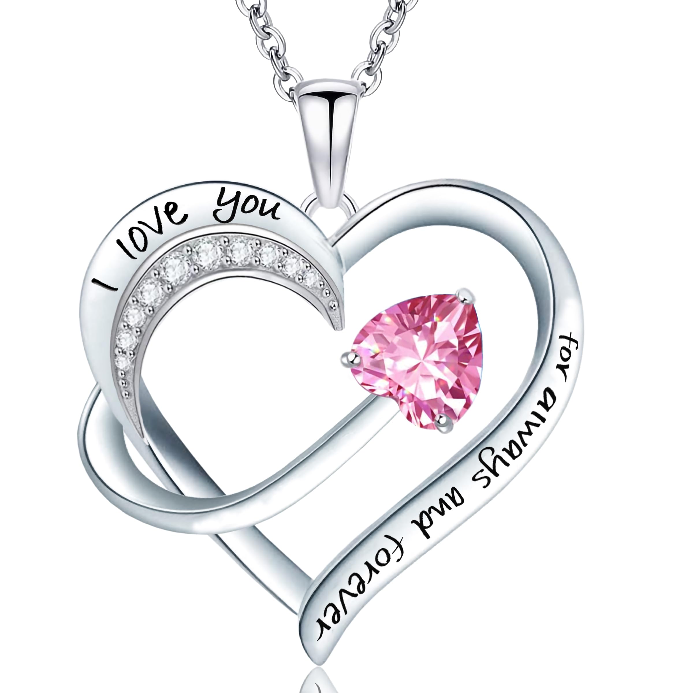 Love Heart Pendant Necklace for Women 18k White Gold Plated 5A Cubic Zirconia Engraved I Love You Jewellery Gift for Girls Wife