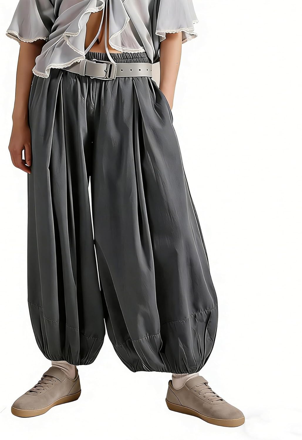 Womens Cotton Linen Pants Summer Flowy Moonflower Balloon Pants Wide Leg Palazzos Travel Beach Pants with Pockets