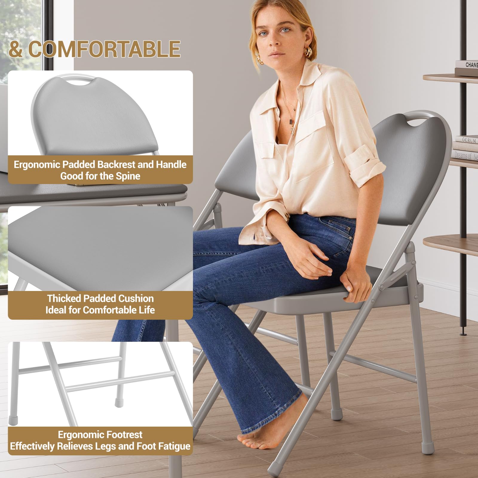 Juego de 2 sillas plegables con piel sintética acolchada para asiento y respaldo, silla plegable de metal apilable hasta 160 kg, silla de jardín y silla de invitados para eventos, salón