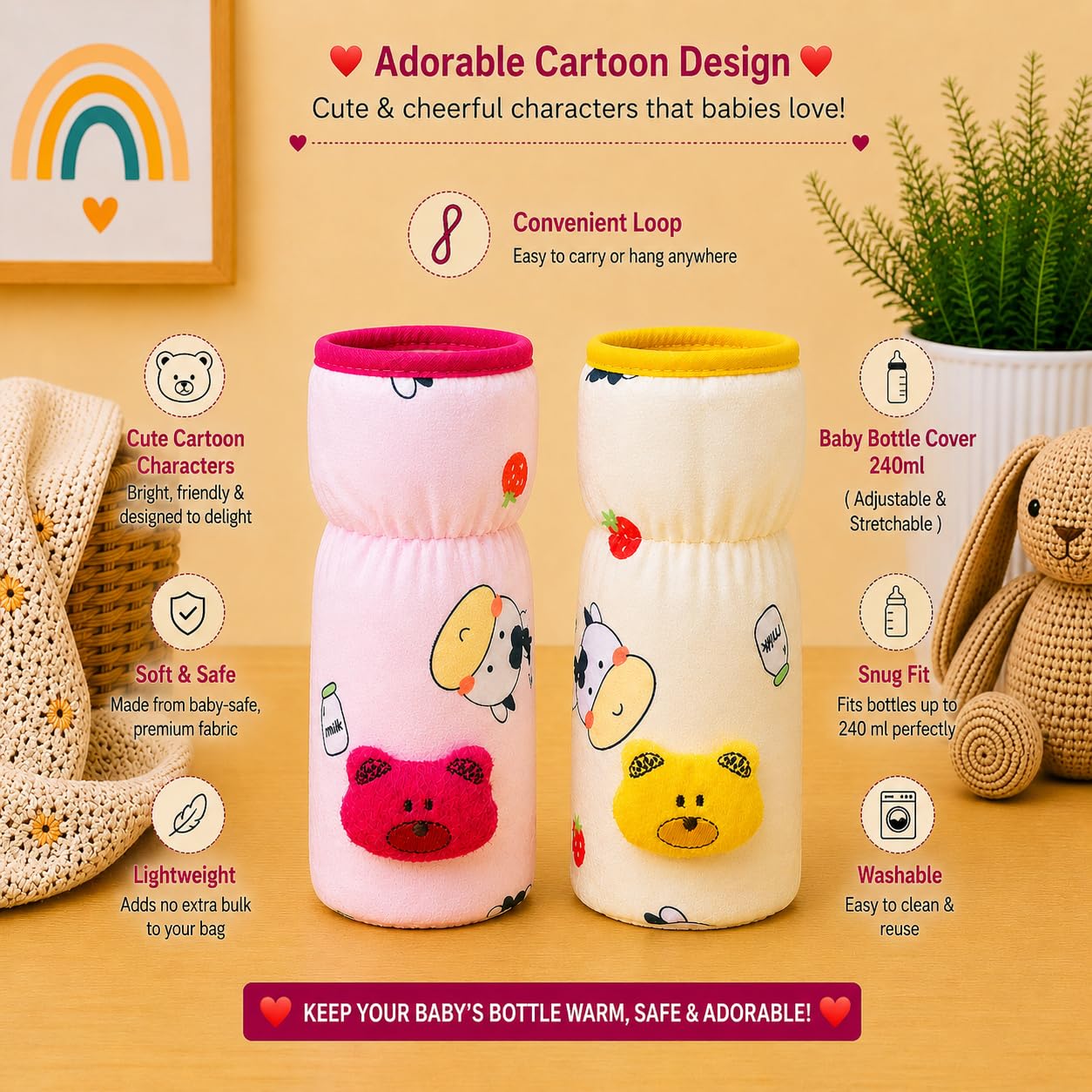 THE LITTLE LOOKERS Soft Plush Stretchable Baby Feeding Bottle Cover with Easy to Hold Strap | Cute Animated Overall Print Pack of 2 (Pink & Yellow, Narrow Neck 240ml/8oz) 2