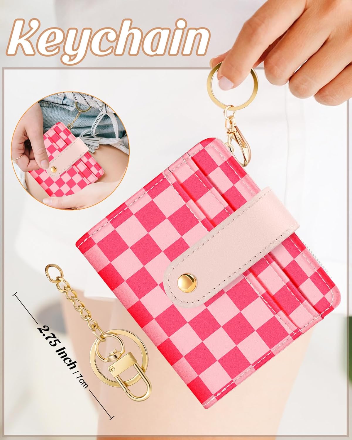 Bistup Wallet for Women Cute Bifold Small Card Wallet Rfid with Keychain for Ladies Teen Girls Female Medium Girly Aesthetic Thin Slim Checkered Plaid Unique Pretty Leather Credit Card Holder Purse - Image 4