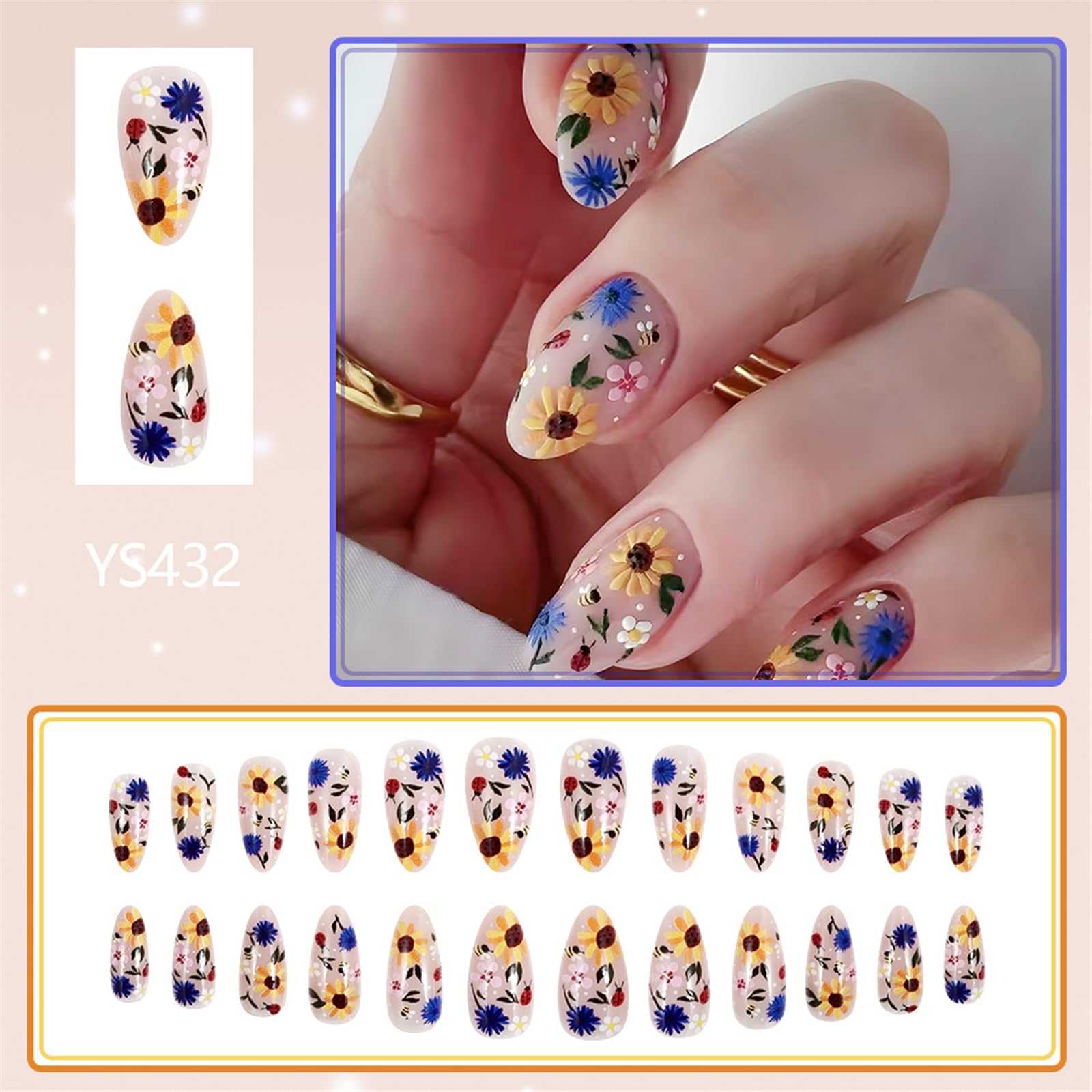24Pcs Alla Moda Breve Lucido Premere Unghie Con Motivo Fiore Mandorla Stick Su Unghie Fal Unghie Per Autunno E Inver