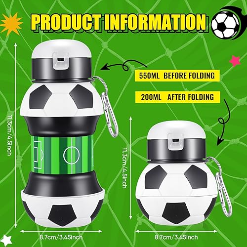 Miniatura 2 de Mifoci 6 botellas de agua de fútbol para niños de 19 onzas, botella de agua plegable de silicona, botella de agua deportiva con forma de bola