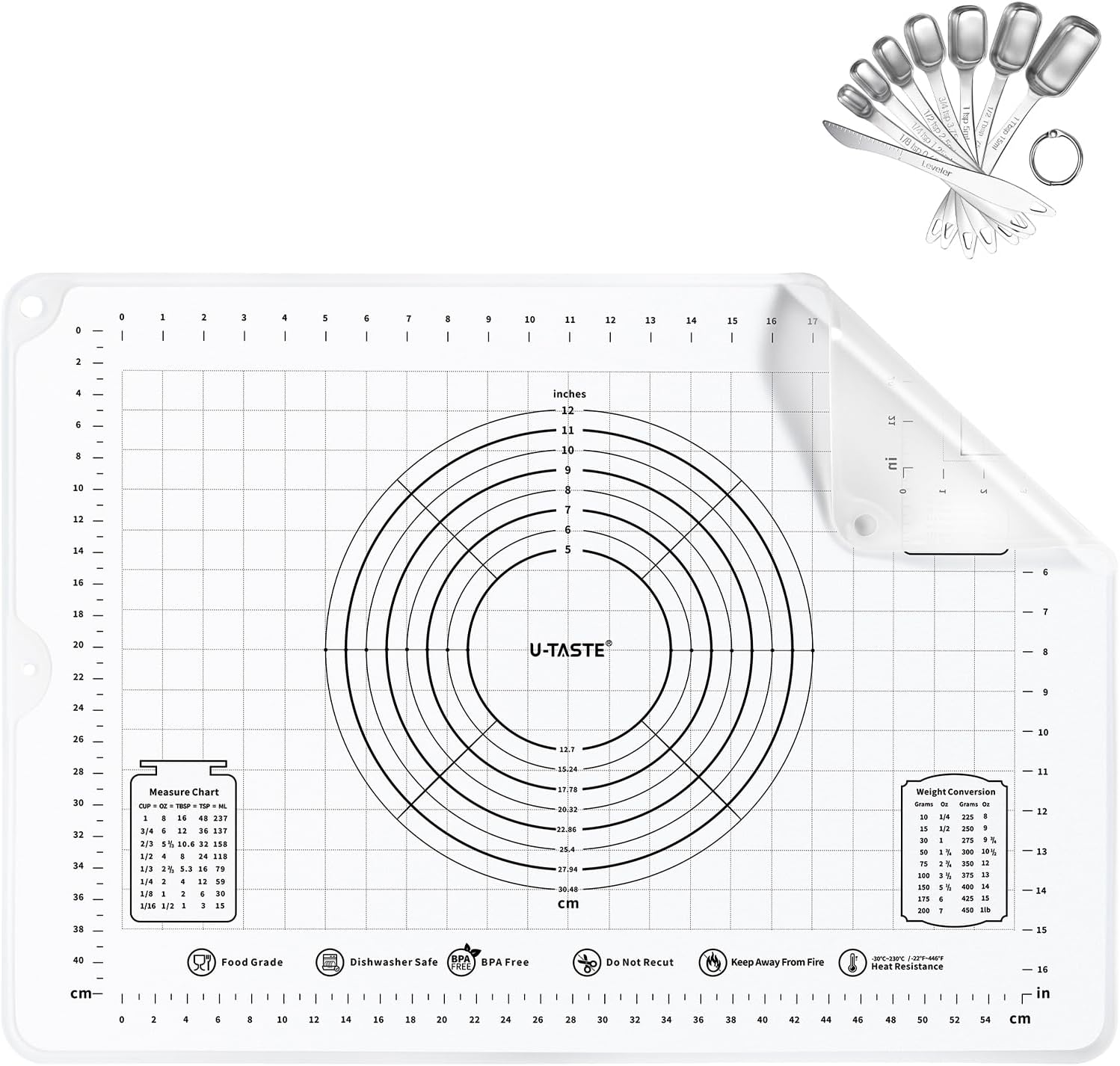 U-Taste 28"x20" Food-Grade Liquid Silicone Pastry Mat with Clear Measurement, and 18/8 Stainless Steel Square Measuring Spoons Set of 8 (Transparent+Silver)