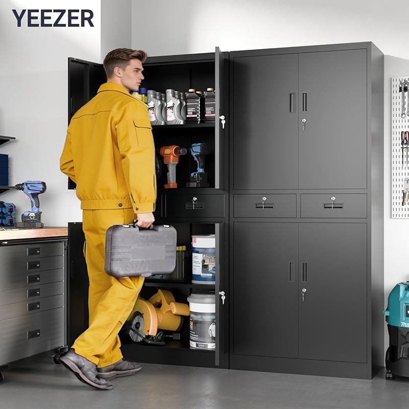 71" H Tall Metal Storage Cabinet with 2 Drawers, Metal Garage Storage Cabinet with Lock and 2 Adjustable Shelves for Home, Office, Garage, Warehouse Organize, Black Black 71''H & 2 Drawers