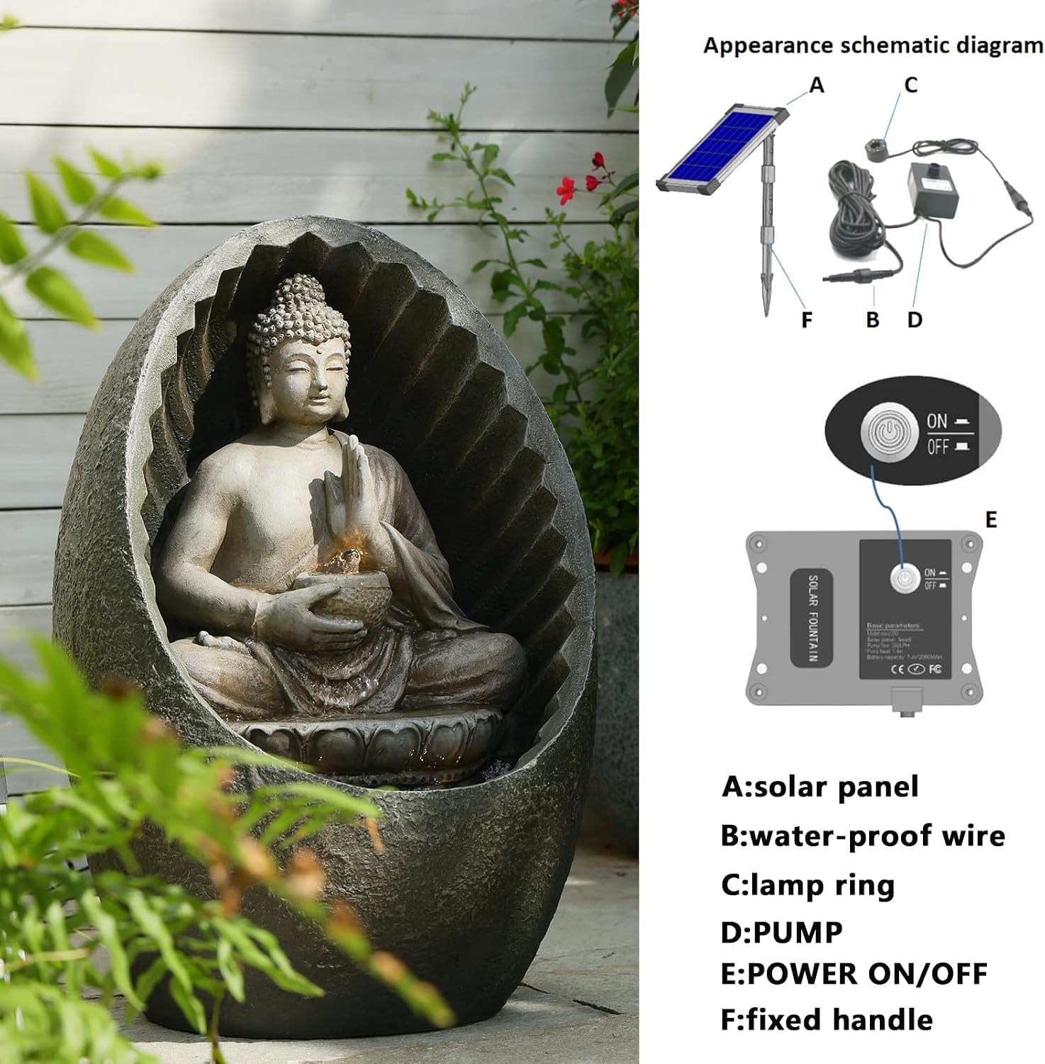 Tankana Solar Water Fountain Outdoor Half-Encased Egg-Shaped Buddha Garden Fountains with Light Pump Solar Panel, Tranquil Relaxing Water Feature for Home Garden Patio Yard Balcony, Brown